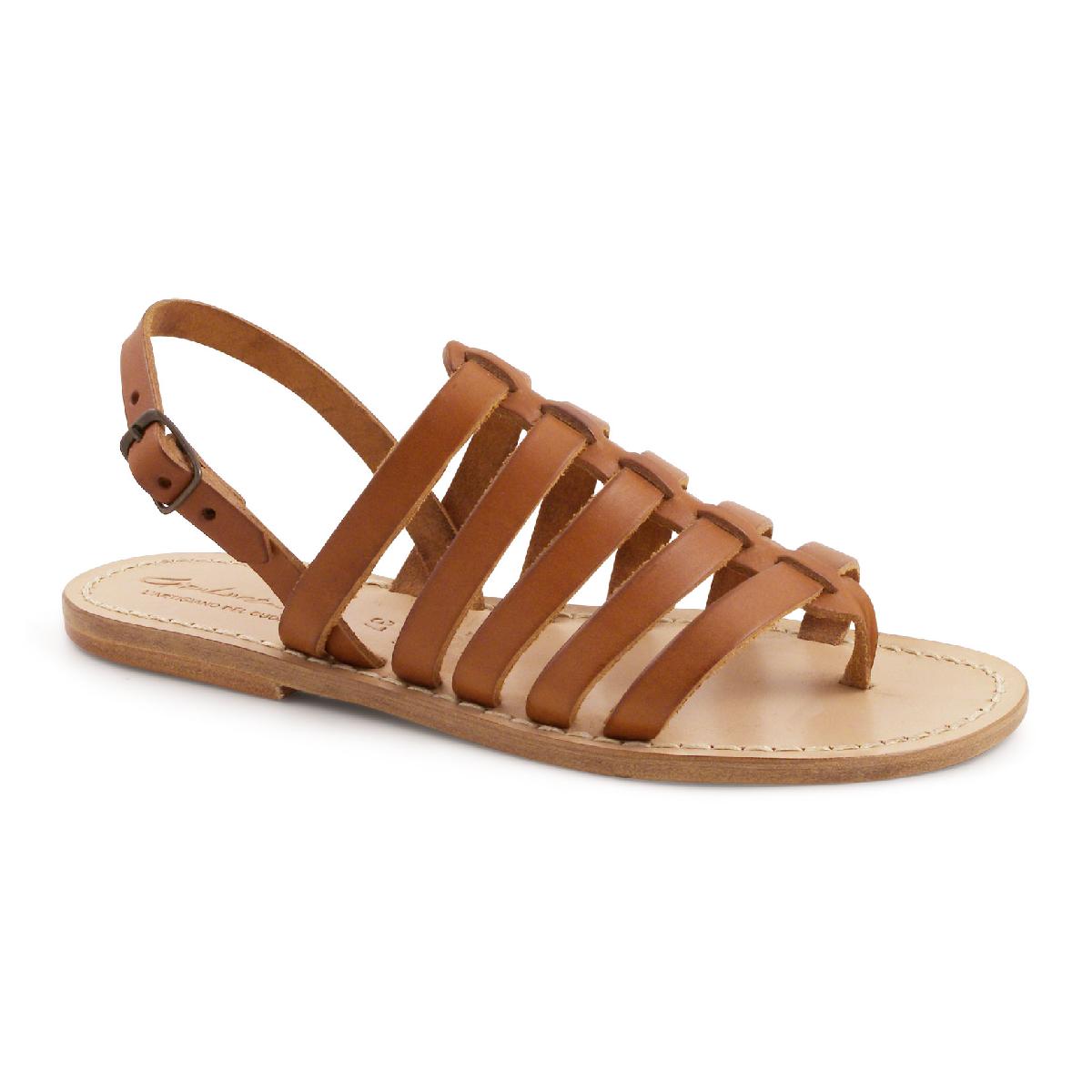 Tan flat sandals in real leather Handmade in Italy