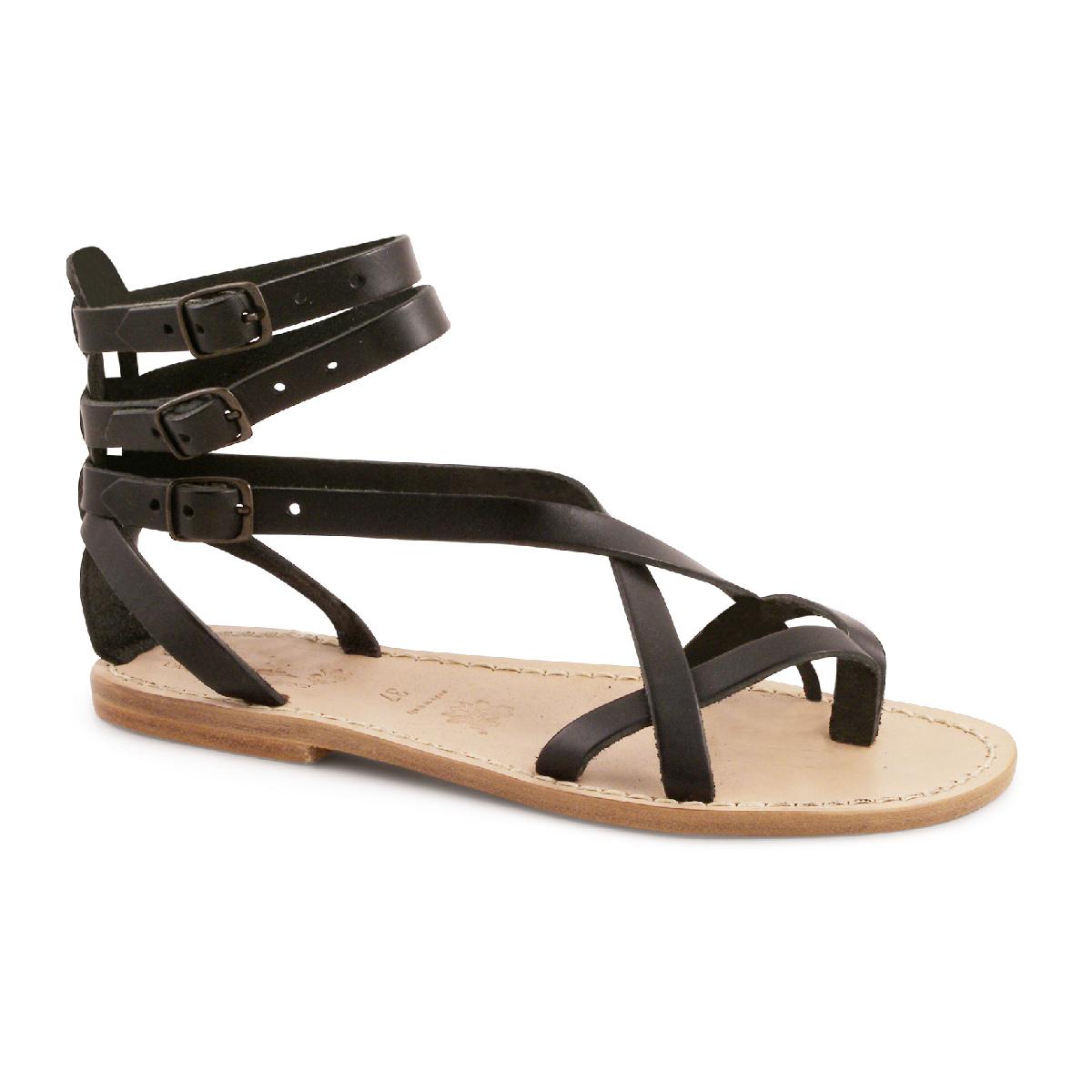 Sandales gladiateur pour femme en cuir noir artisanales