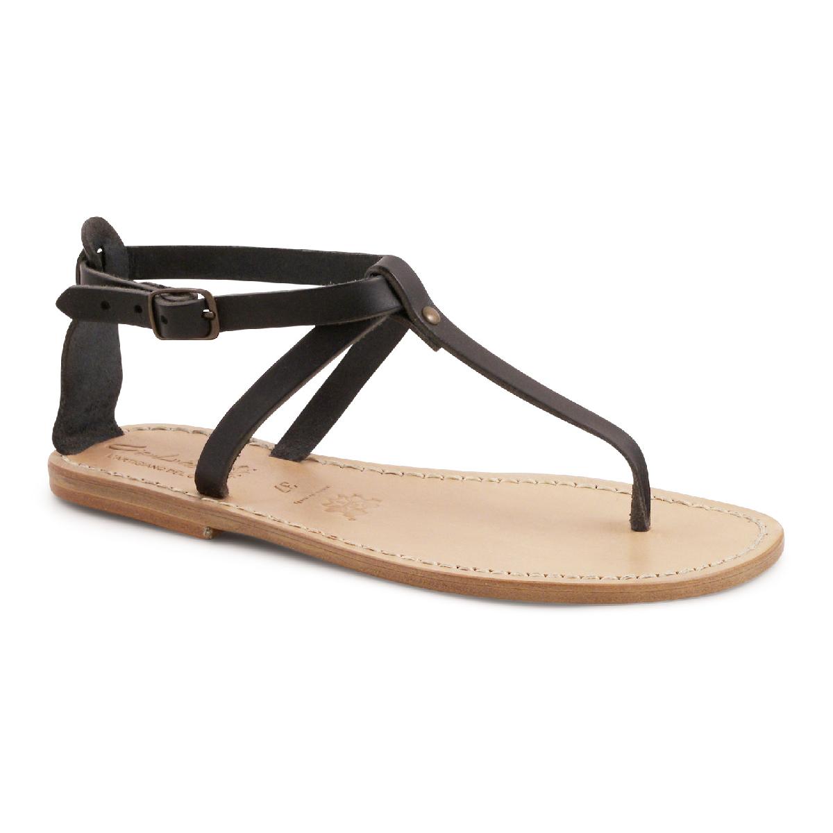 Hand gefertigte Damen-Sandalen mit T-Steg aus schwarzem Leder