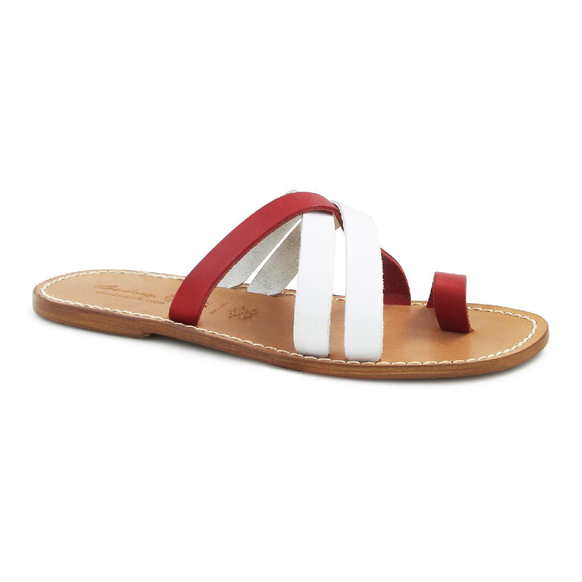 Men's flip flop sandals handmade in red and white leather