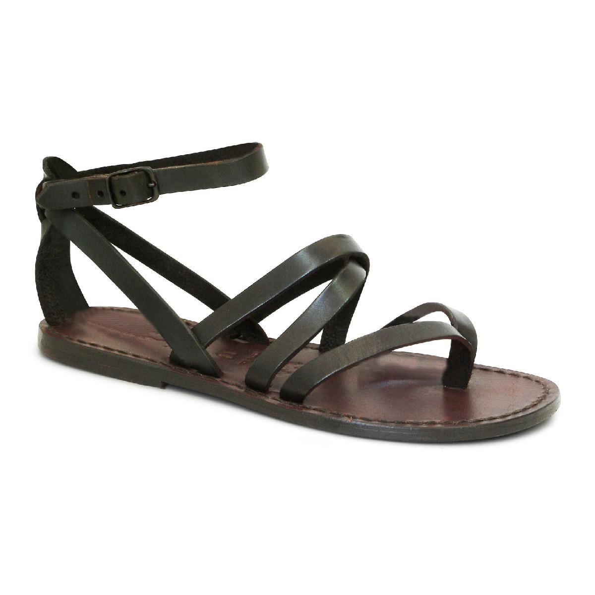 Hand gefertigte Damen-Sandalen aus dunkelbraunem Leder