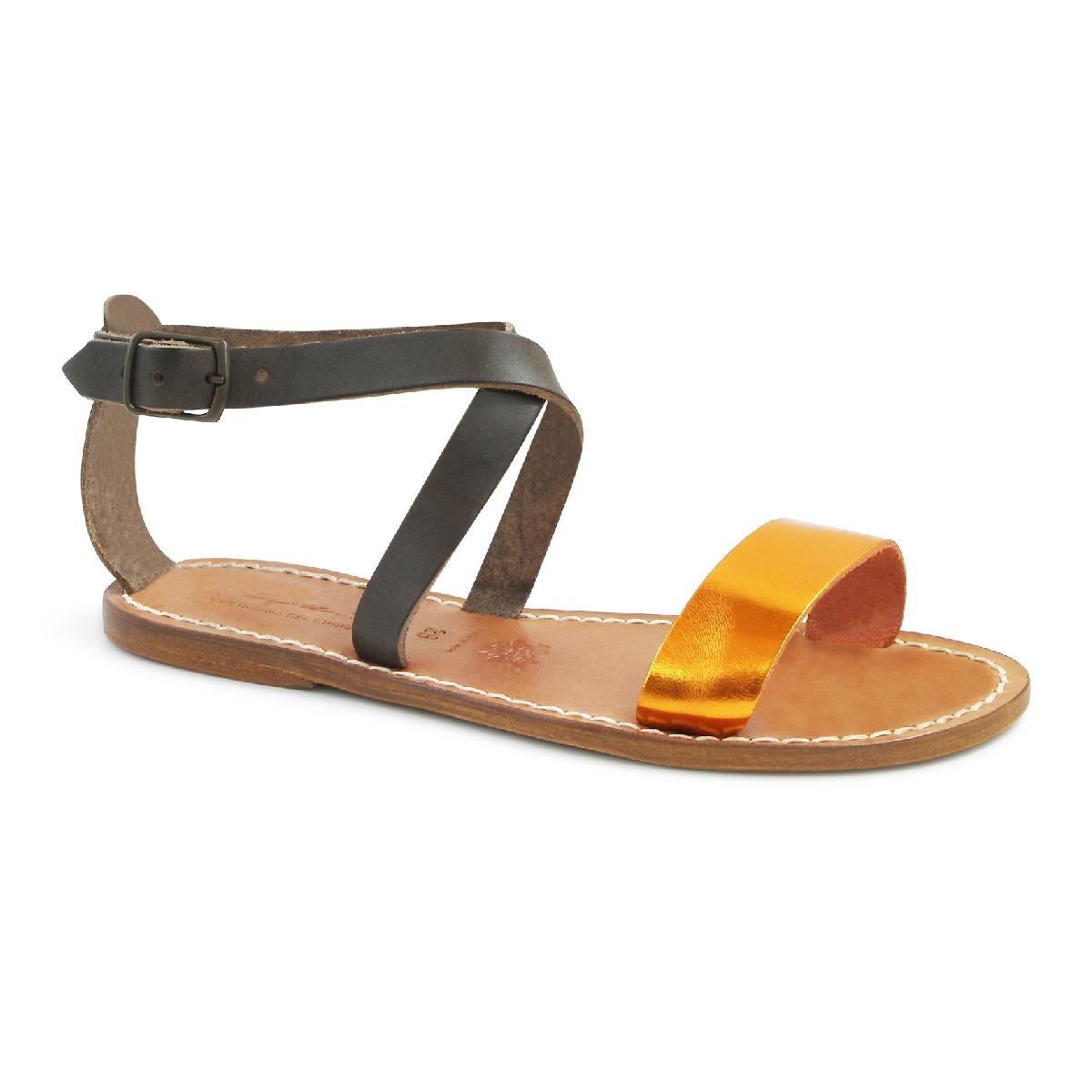 Bicolor leather flat sandals handmade in Italy