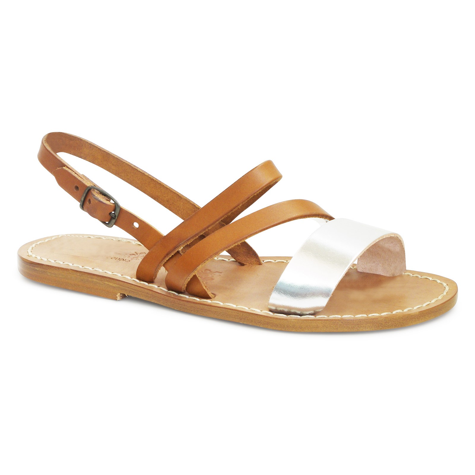 Flache Damen-Sandalen aus hellbraunem und silbernem Leder