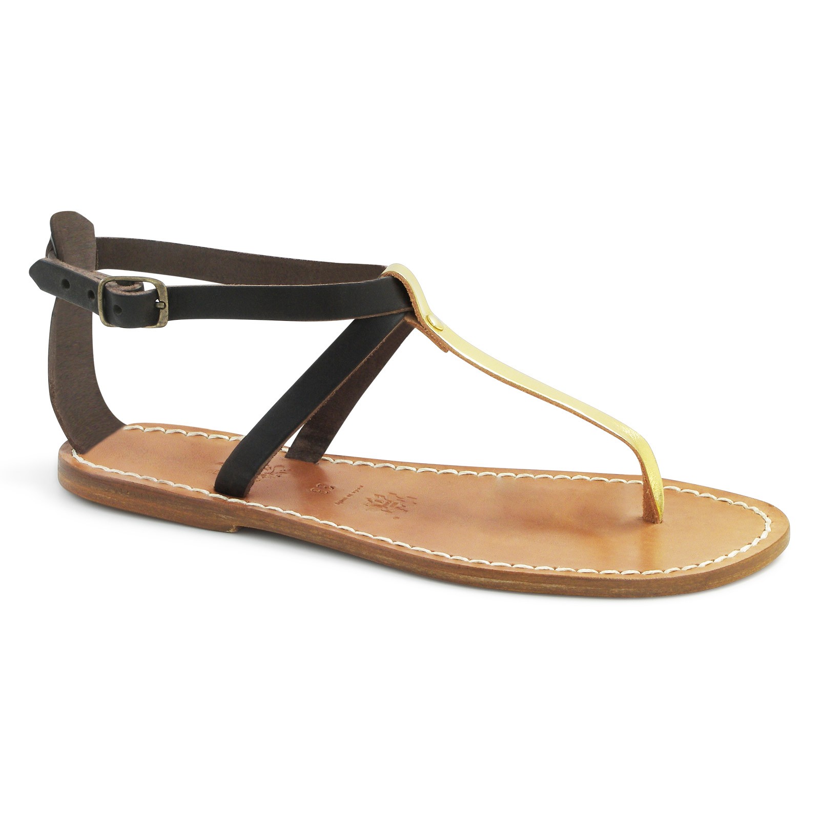 Zweifarbige T-Steg-Sandalen aus hellbraunem und goldenem Leder 