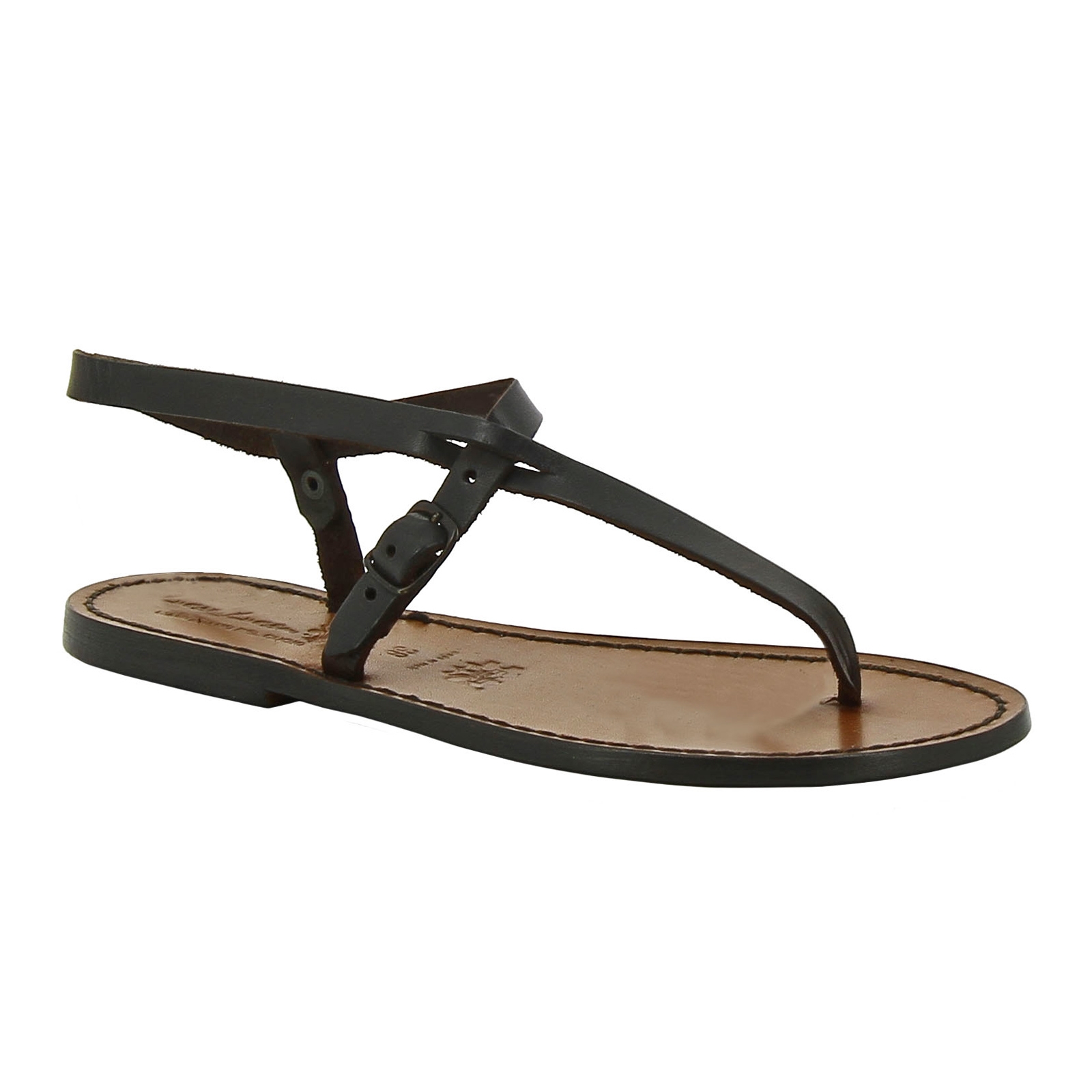 Handmade leather thong sandals for women in dark brown