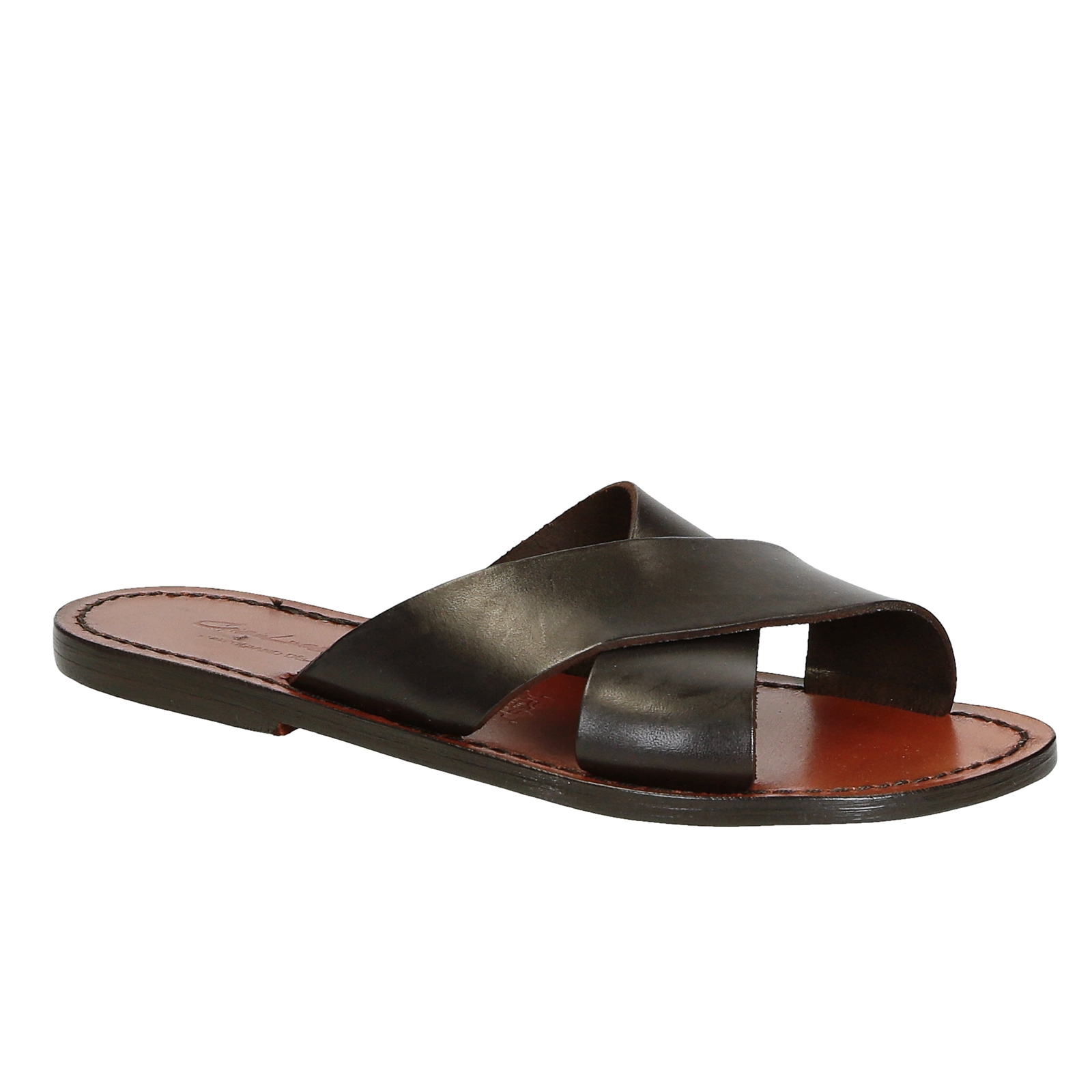 Brown leather slide sandals for women handmade