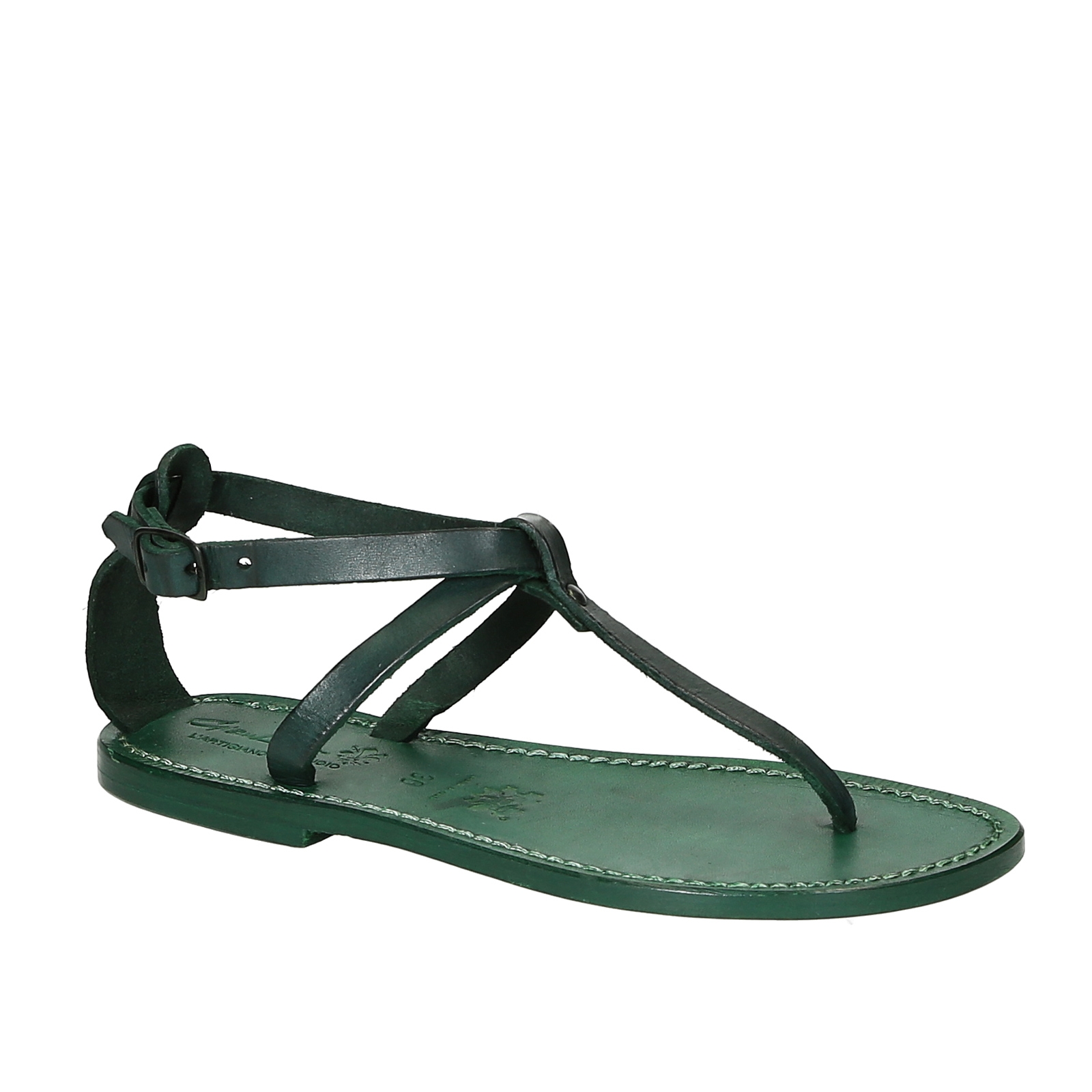 Women's t-strap sandals in green Leather handmade in Italy