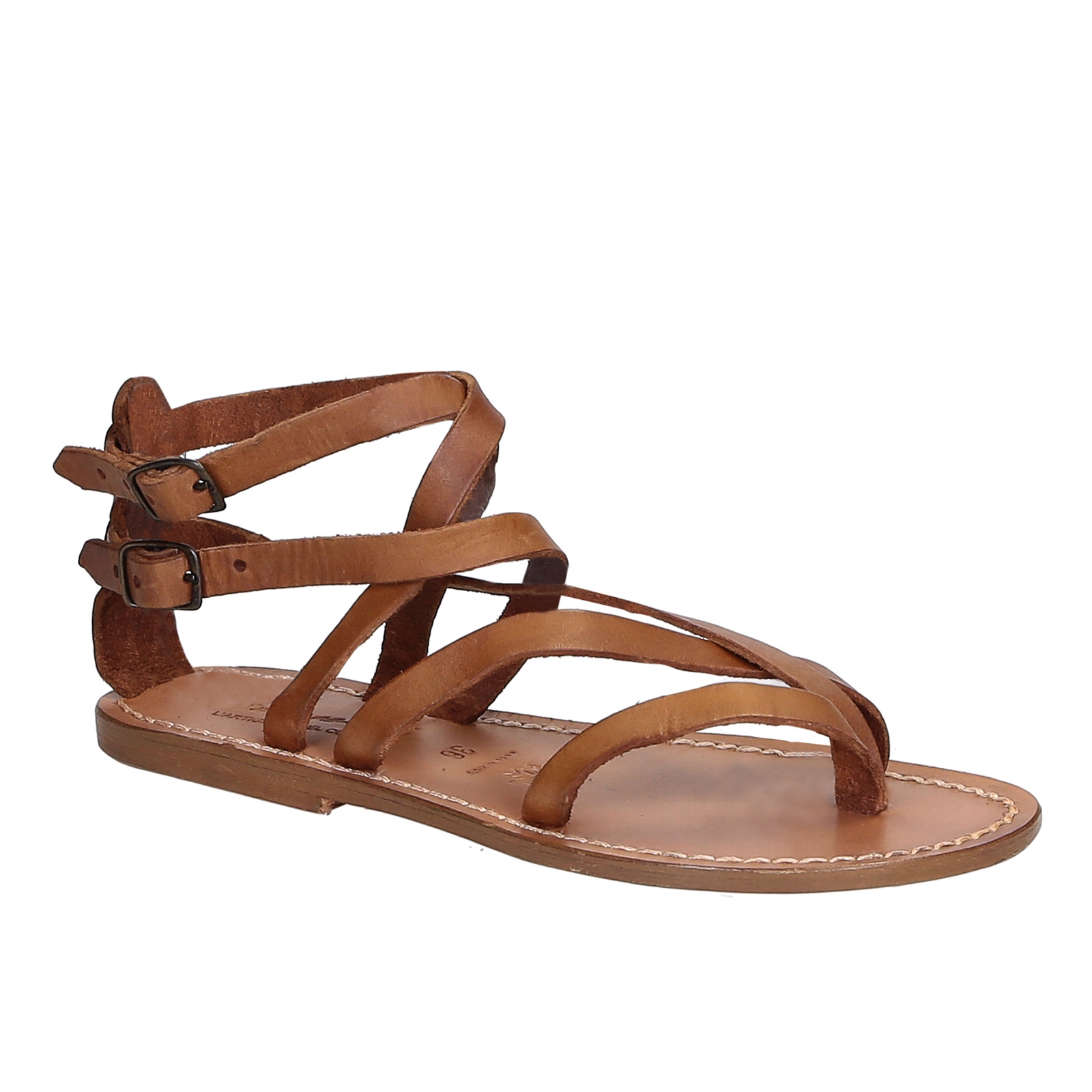 Handmade women's flat sandals in tan leather