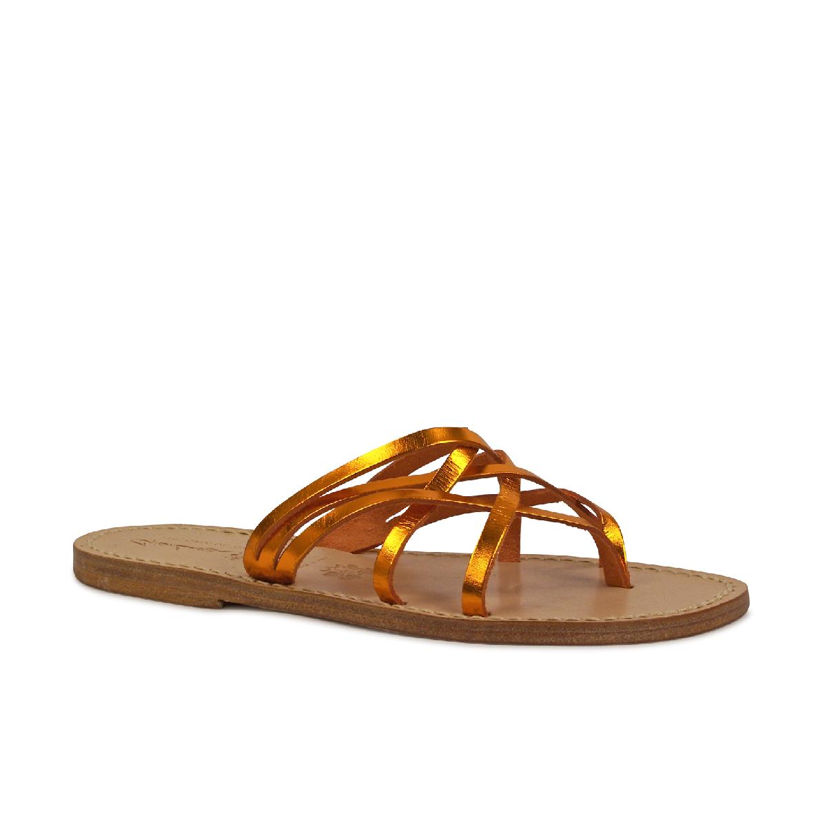 Sandale nu pied pour femme en cuir laminé orange