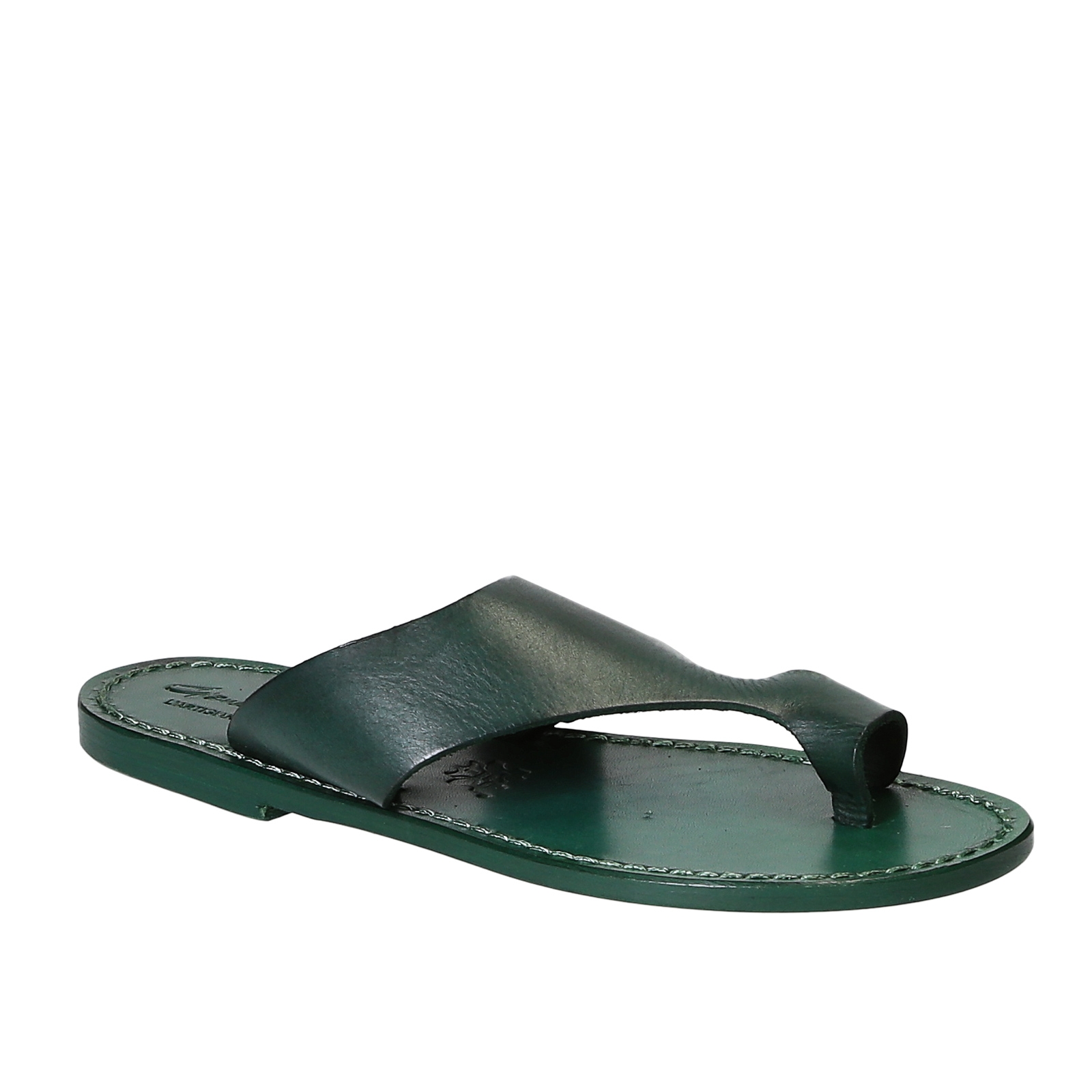 Green leather thong sandals for women handmade