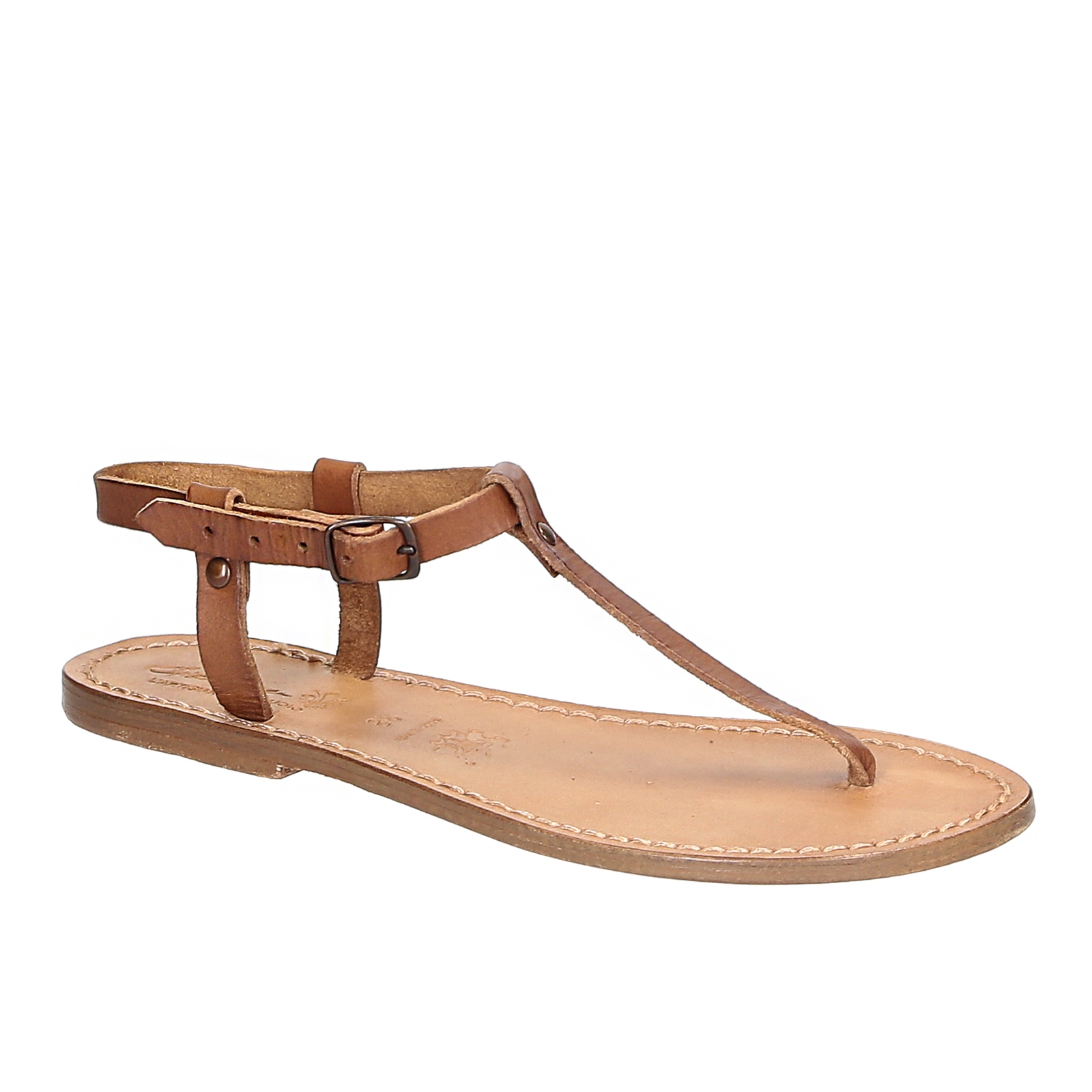 T-strap thong sandals in tan Leather handmade in Italy