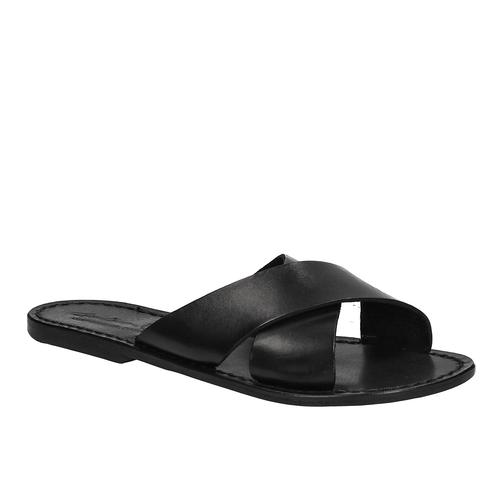 Black leather slide sandals for women handmade