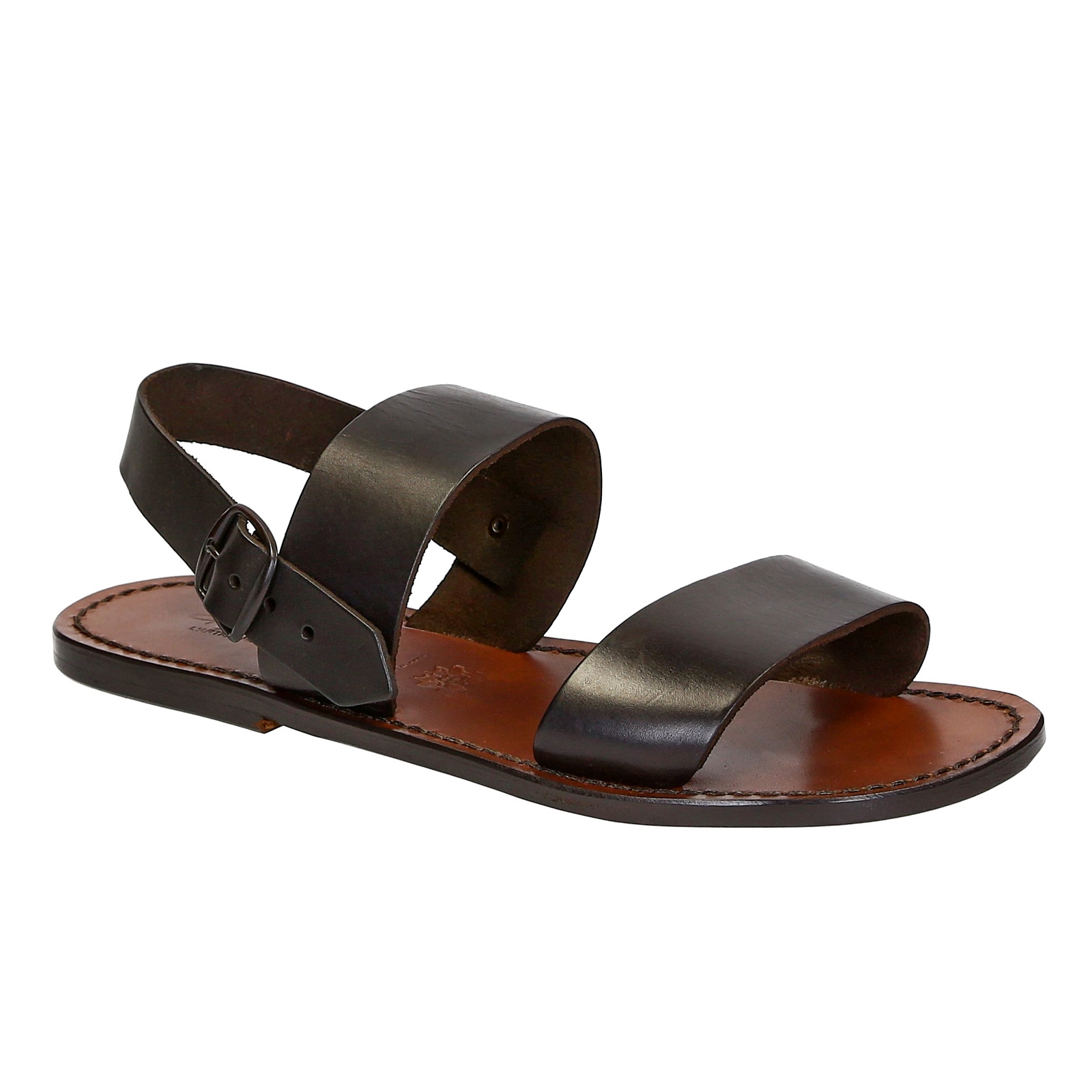 Sandalias hechas a mano mens en cuero marrón oscuro hecho en Italia