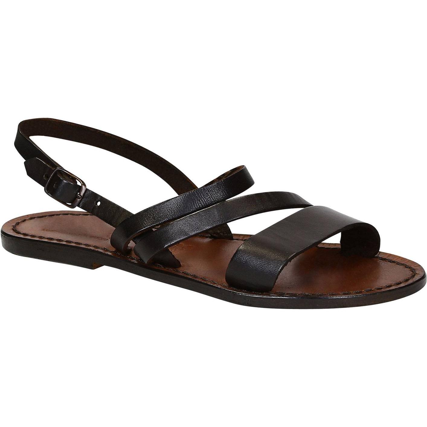 Flache Sandalen für Damen aus dunkelbraunem Leder