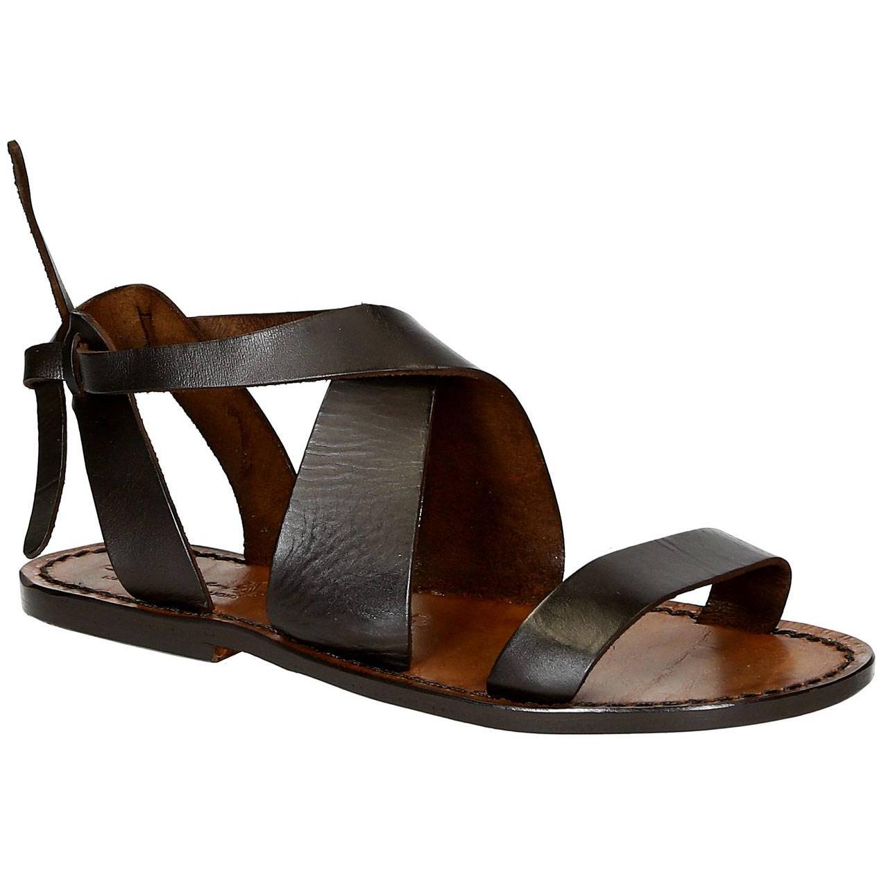 Sandales pour femme artisanales en cuir marron foncé