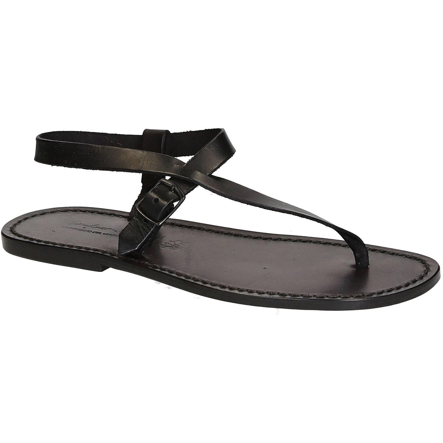 Handmade black leather thong sandals for men