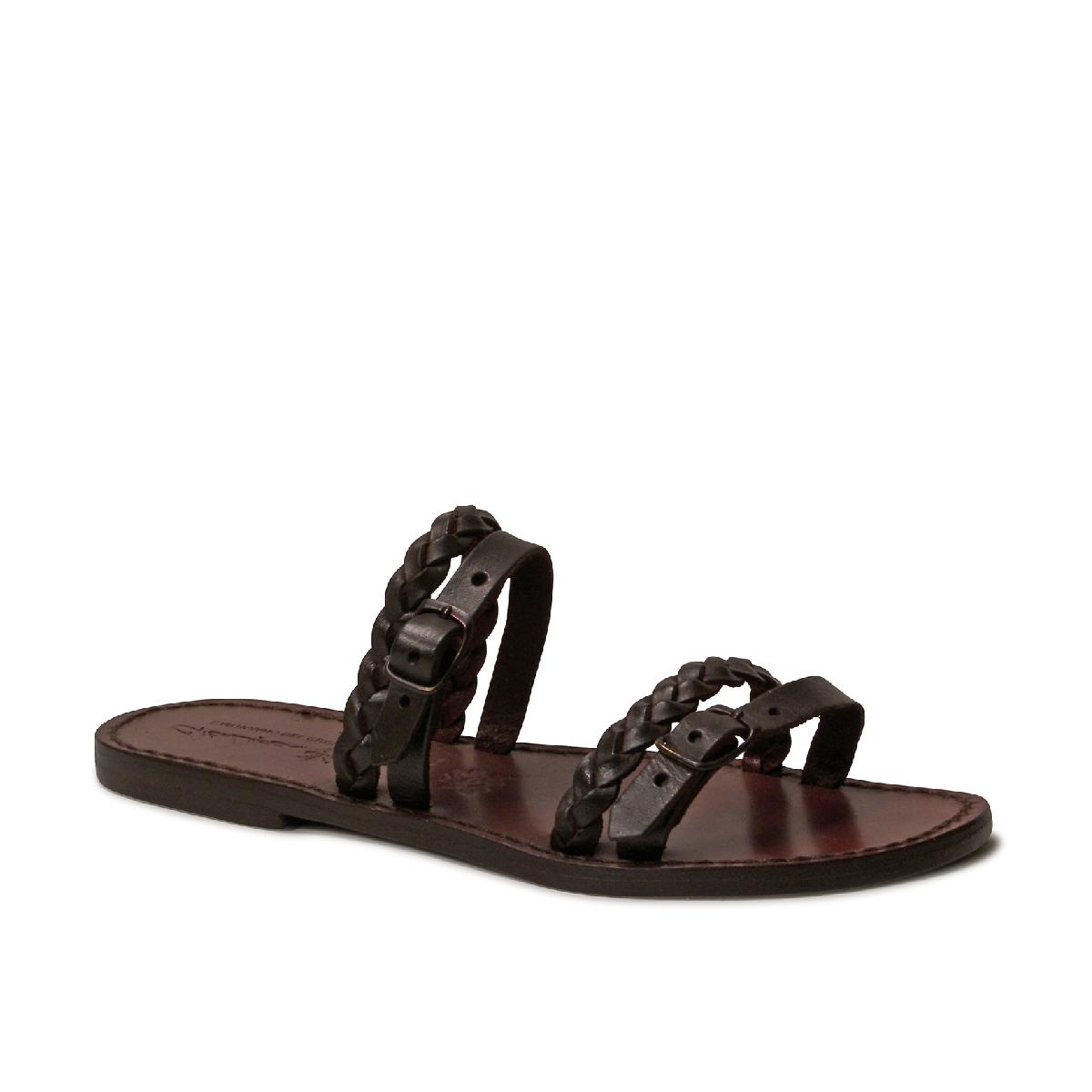 Hand gefertigte Damen-Slippersandalen aus dunkelbraunem Leder