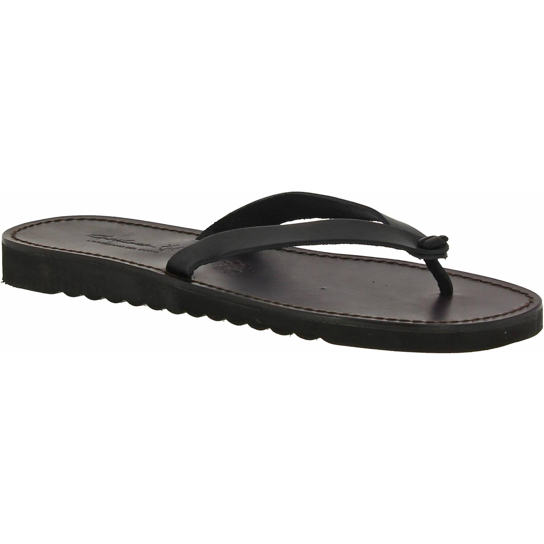 Black leather thongs sandals for men with thick rubber sole