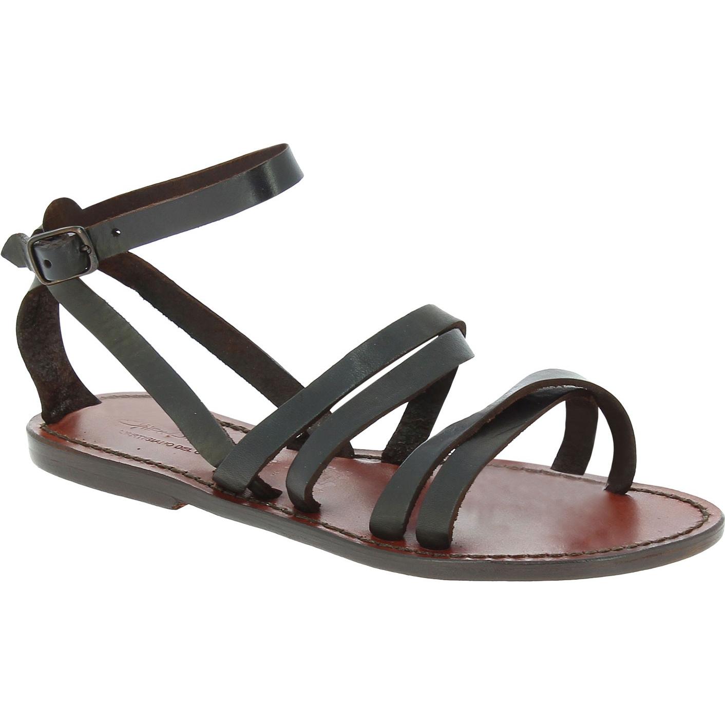 Handmade women's flat sandals dark brown leather