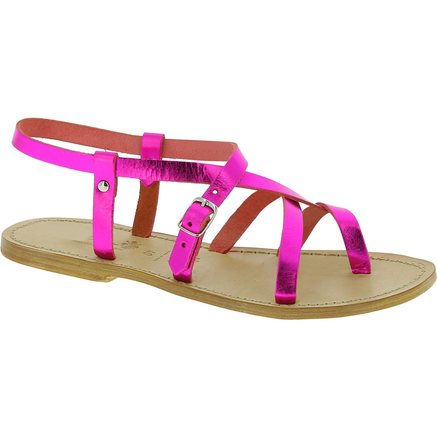 Women's flat sandals handmade fuchsia laminated leather