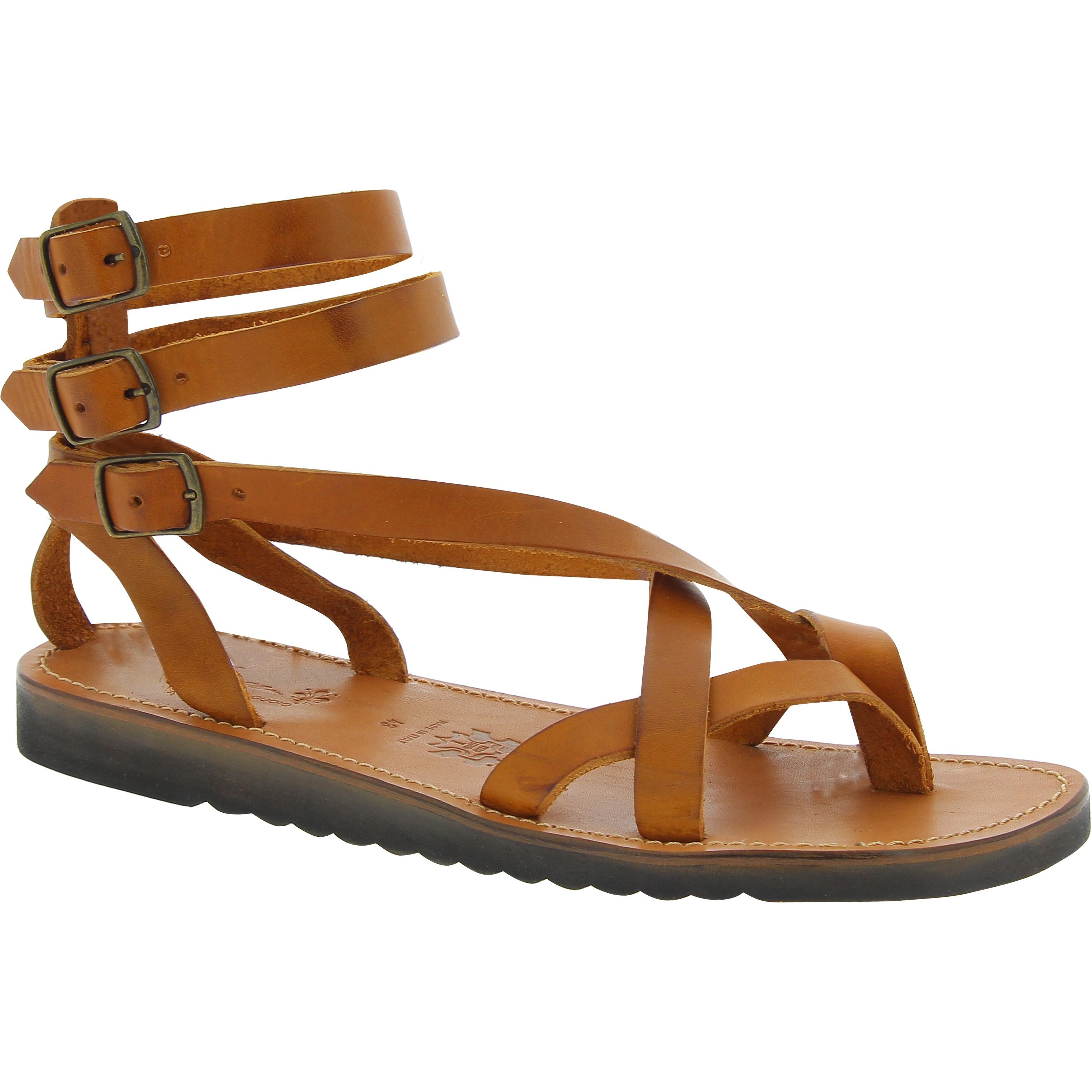 Tan leather men's gladiator sandals with thick rubber sole