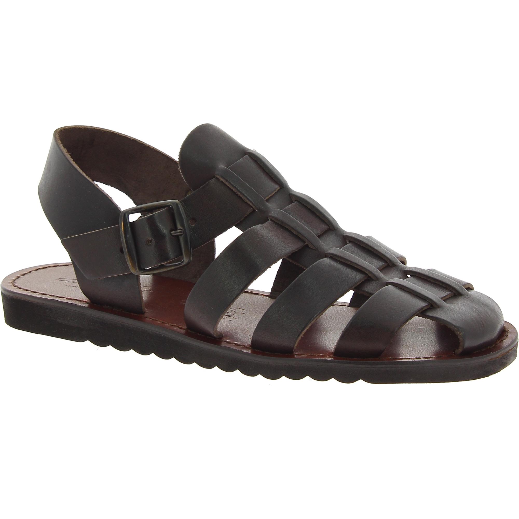 Handmade in Italy mens friar sandals in dark brown leather