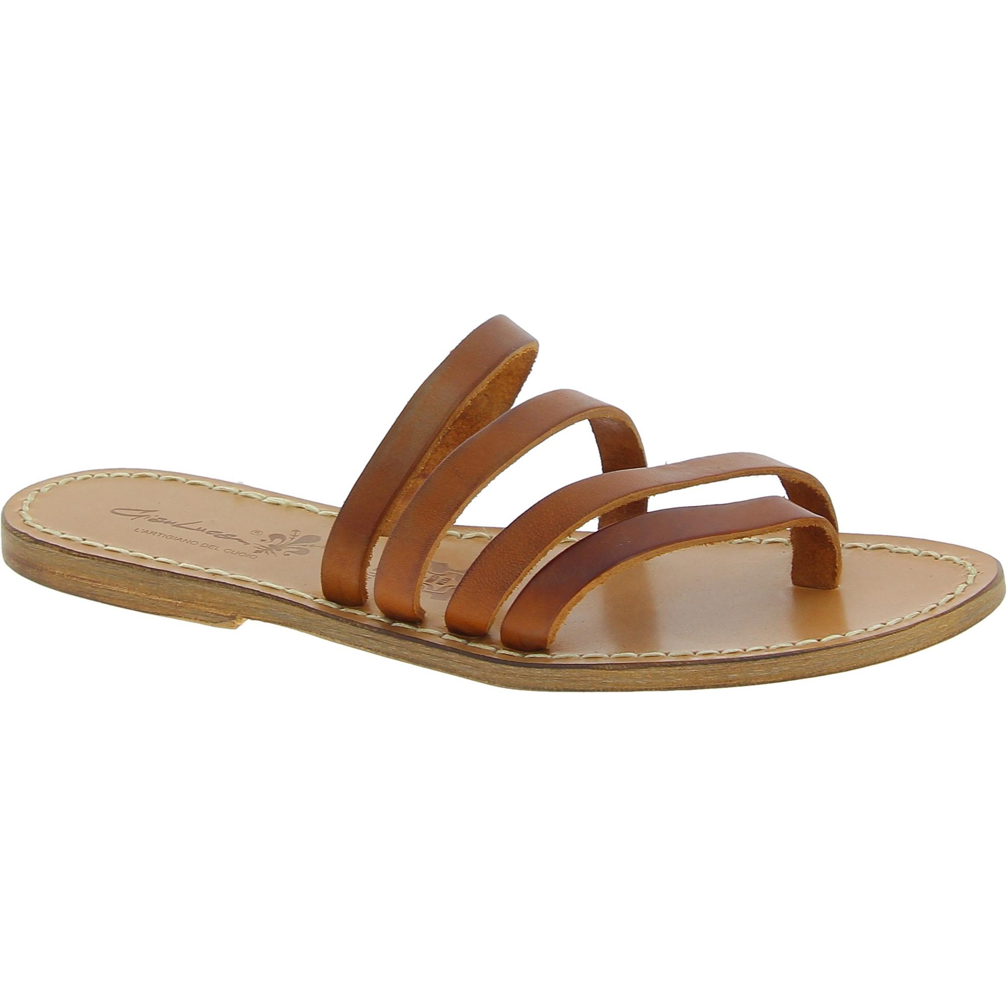 Handgefertigte Damen Flip Flops aus hellbraunem Leder