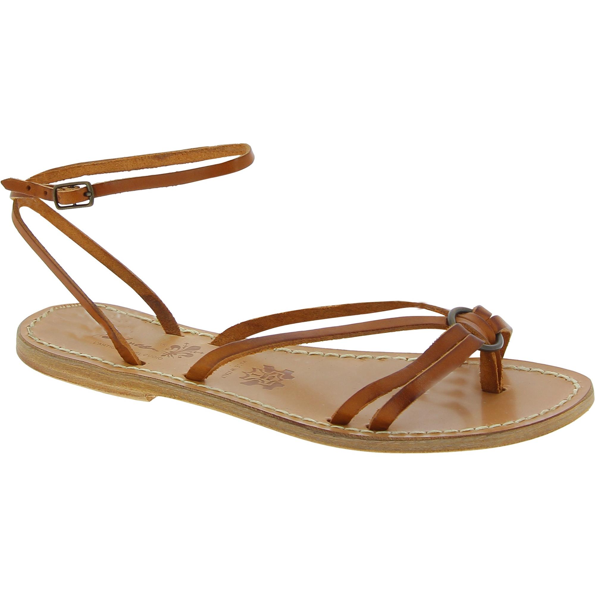 Handmade tan leather thong sandals for women