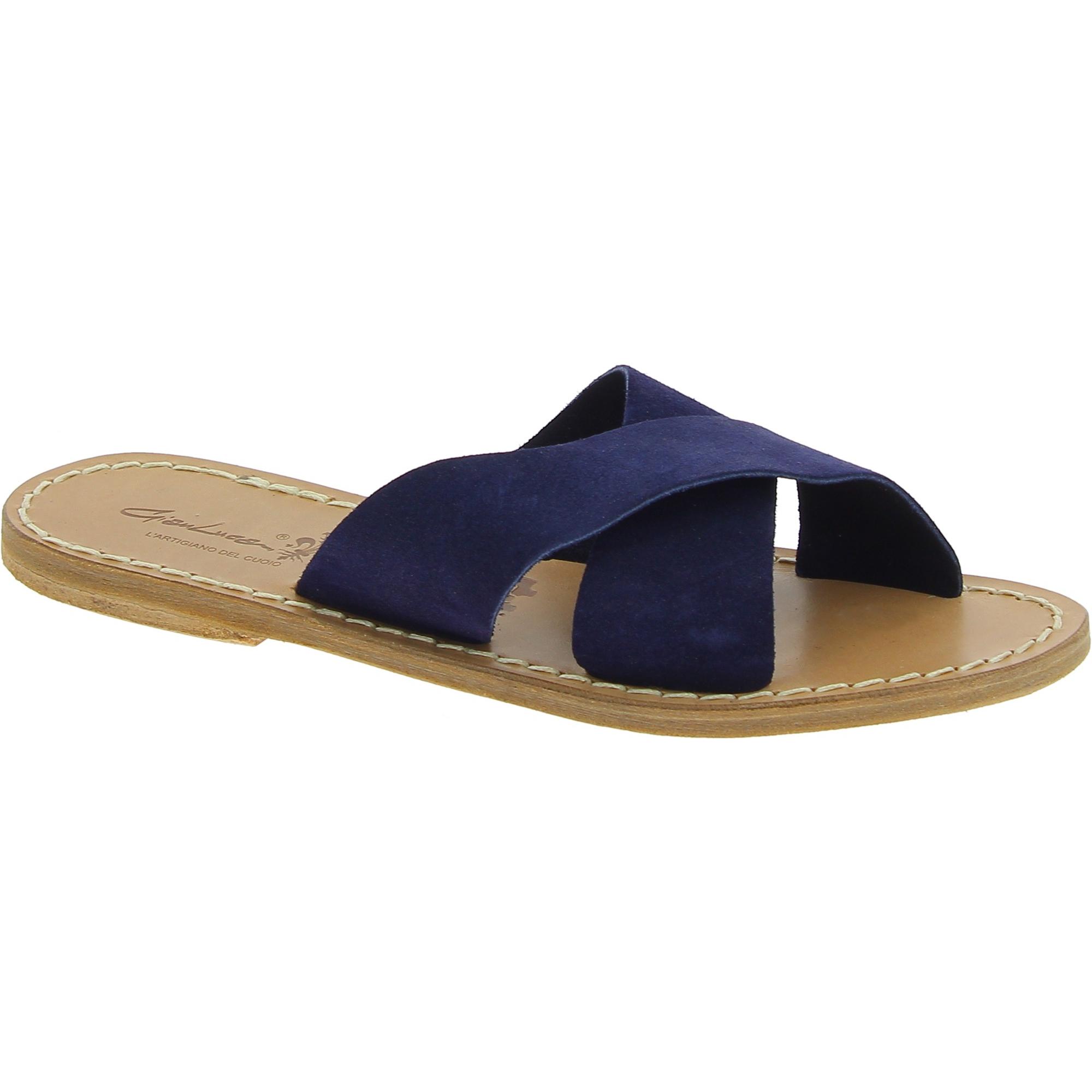 Sandalias de cuero nobuck azul para mujeres hecho a mano