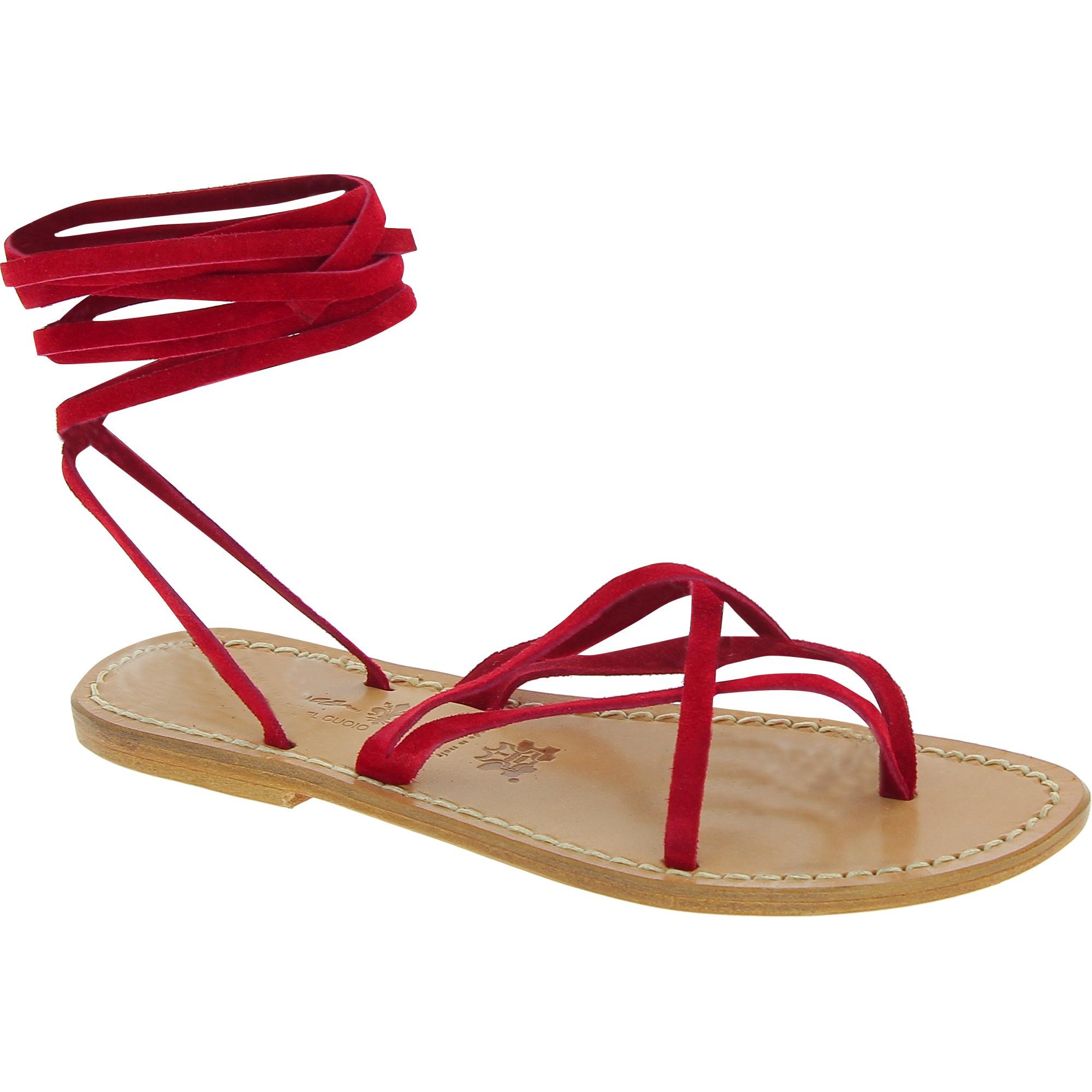 Damen Riemchen-Sandalen im roter Nubuk in Italien von Handgefertigt