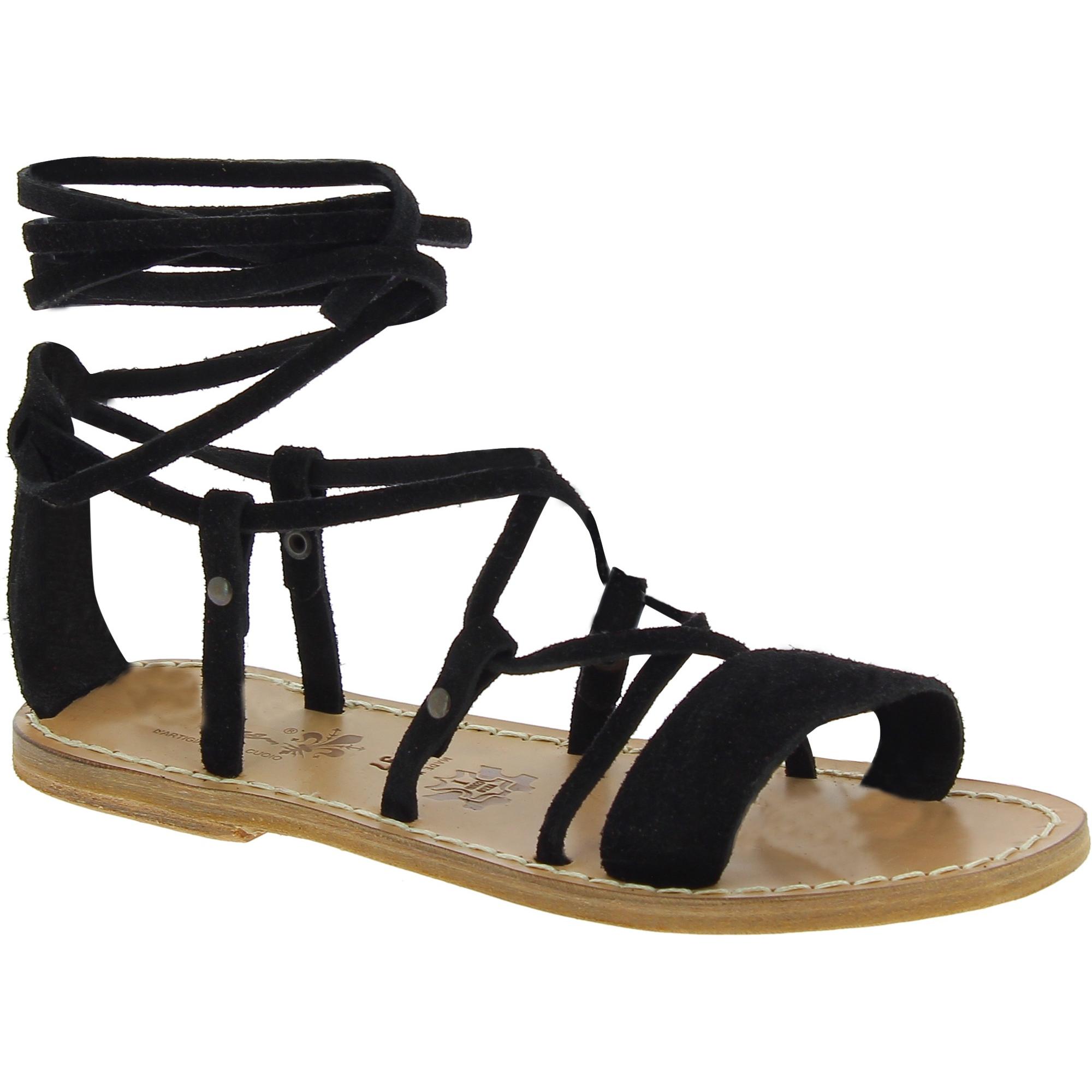 Sandalias romanas mujer en cuero nobuck negro hecho a mano