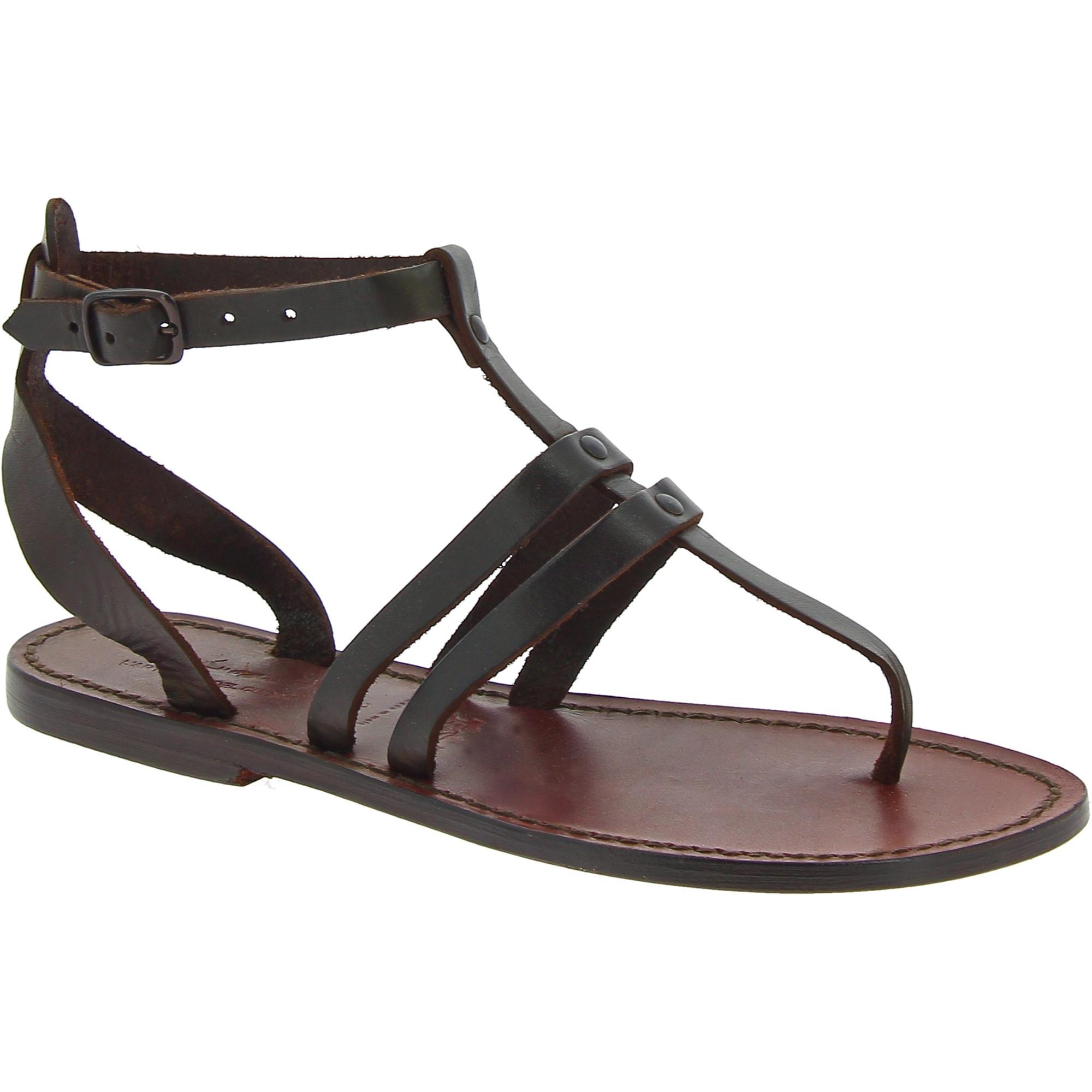 Damen-Riemchen-Sandalen aus dunkelbraunem Leder