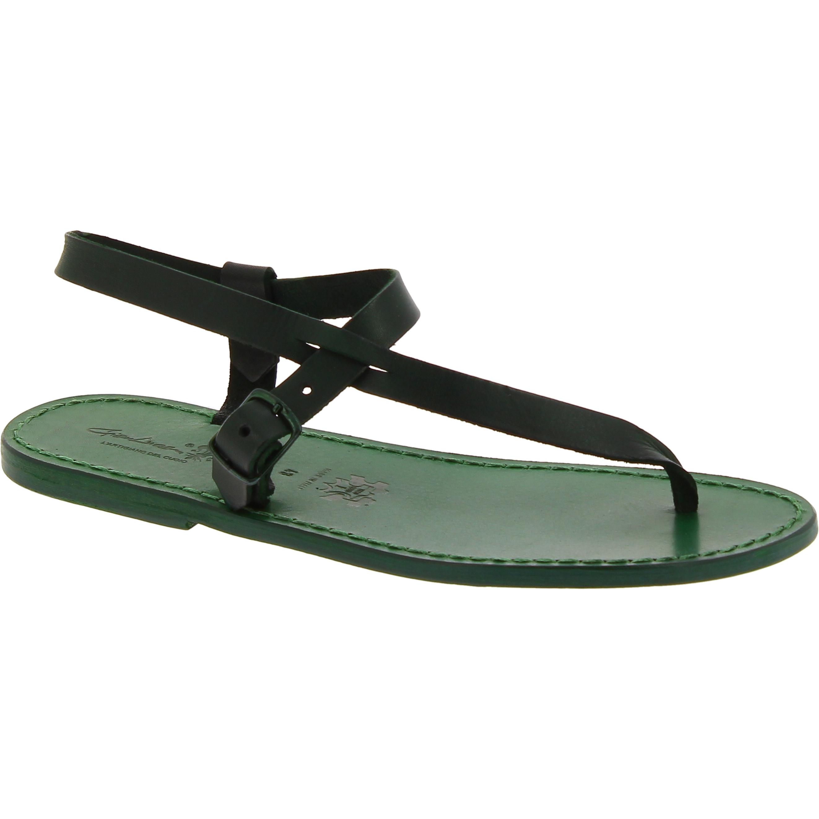 Handmade green leather thong sandals for men