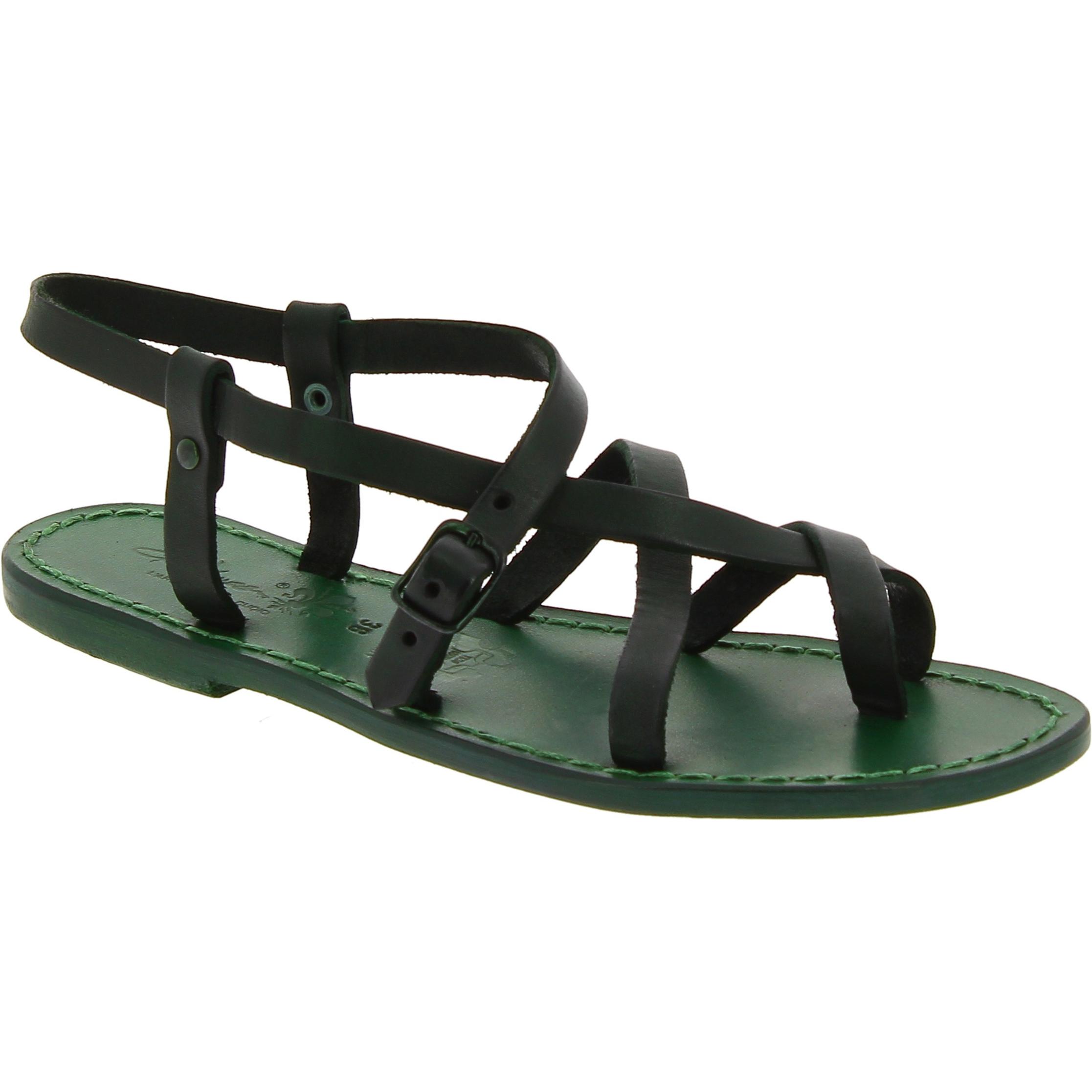 Women's italian green leather sandals handmade