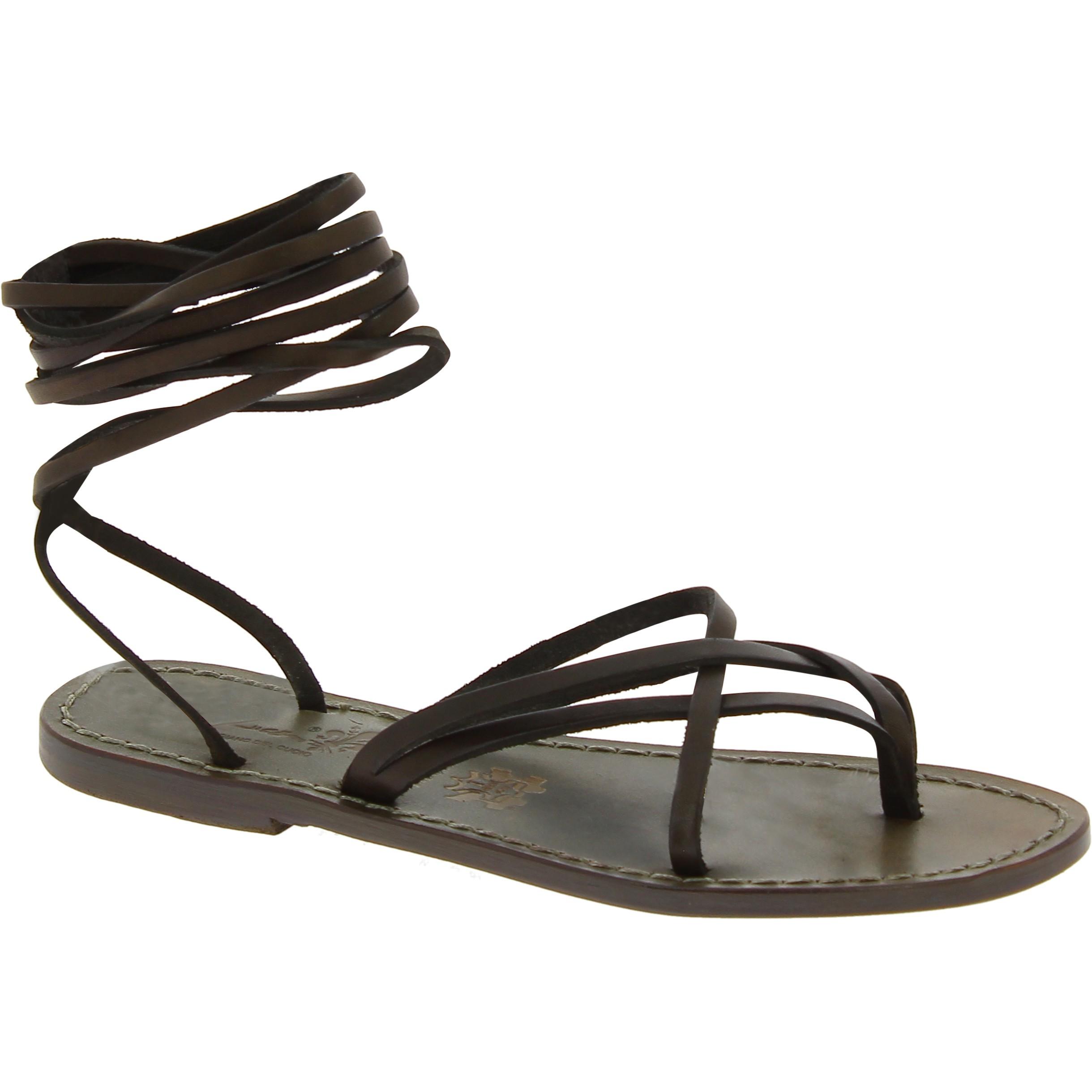 Flat strappy leather sandals mud color handmade in Italy