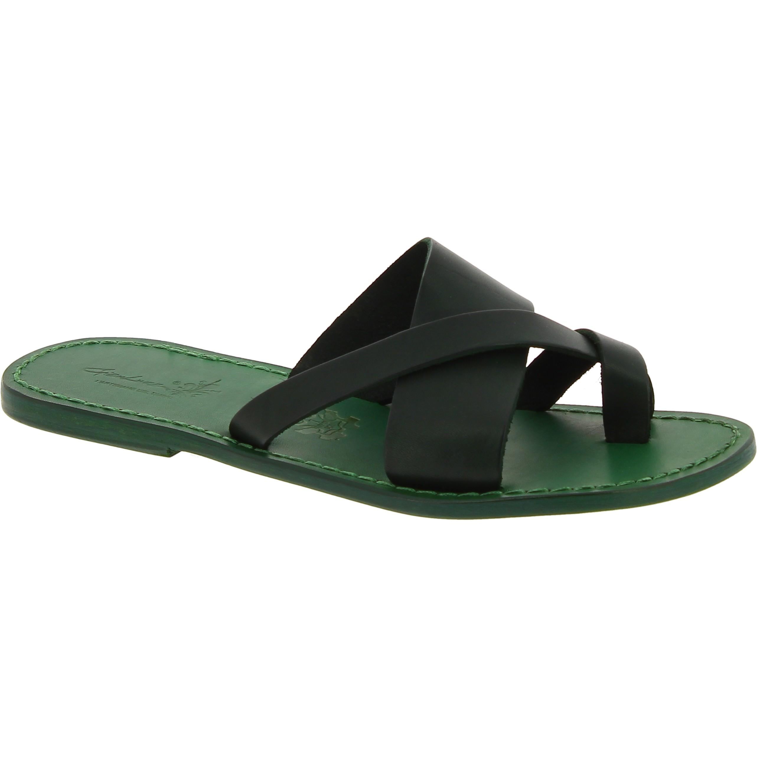 Handmade green leather thongs sandals for men