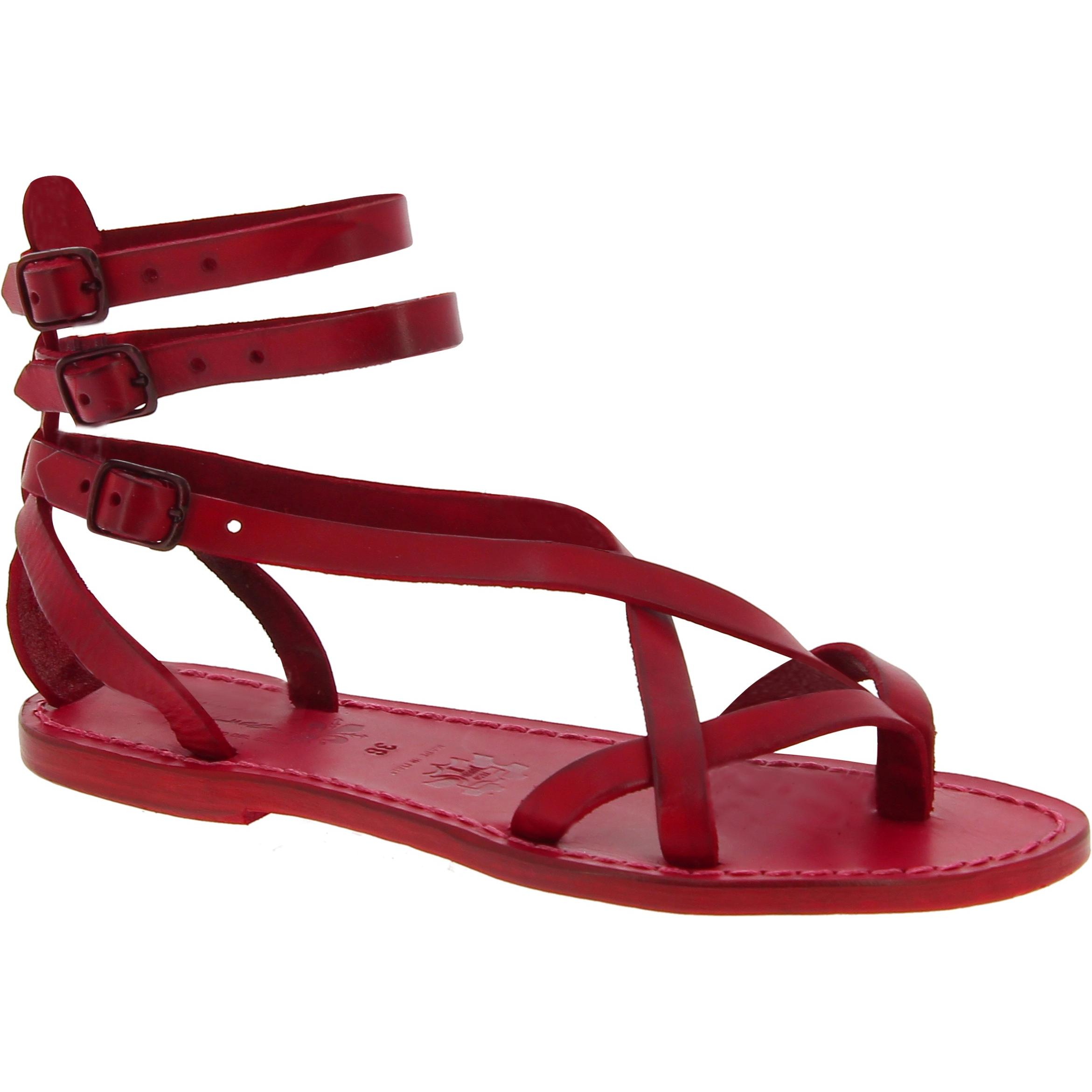 Damen Riemchen-Sandalen aus rote Leder in Italien Handgemachte