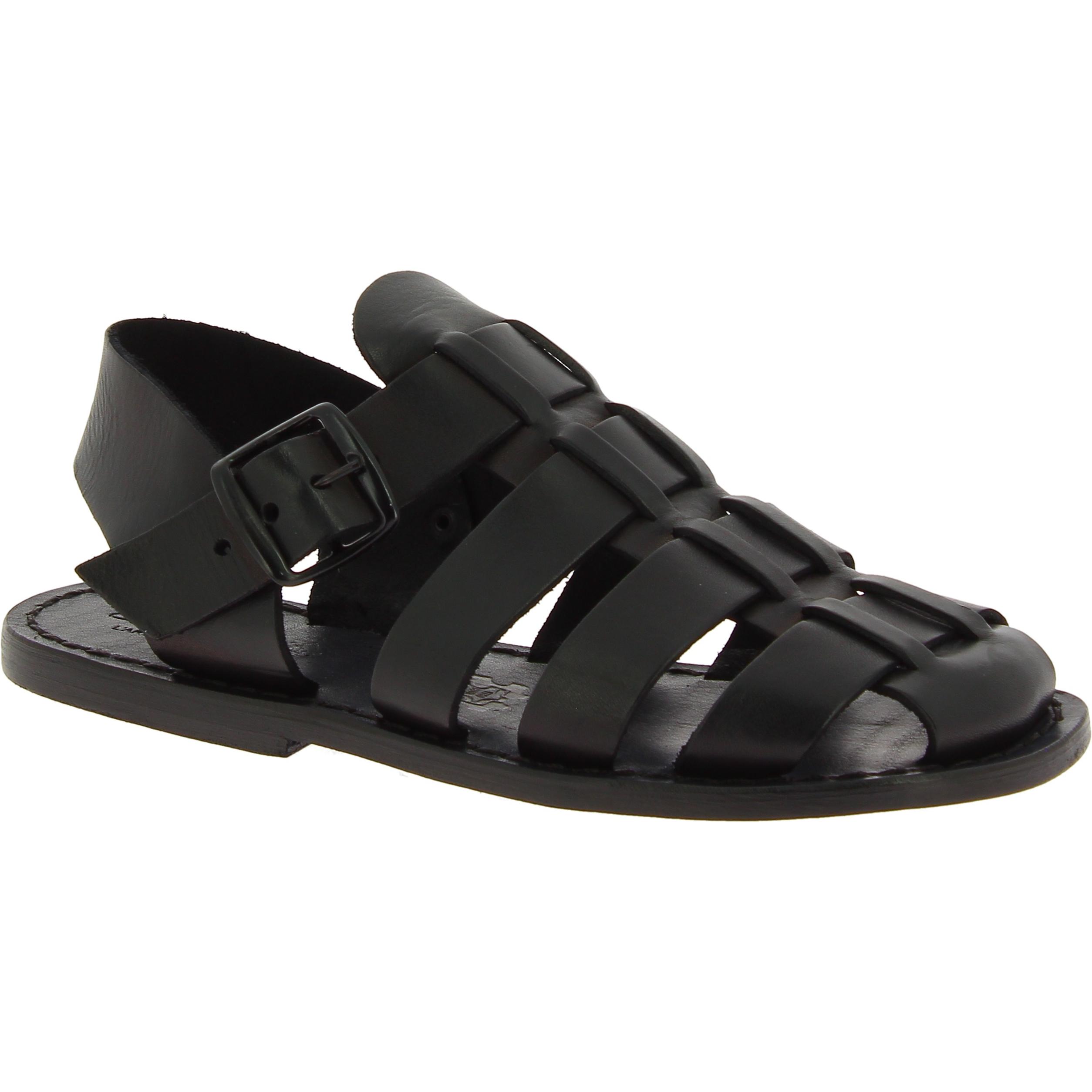 Sandalias frailes para hombre en cuero negro hechas en Italia