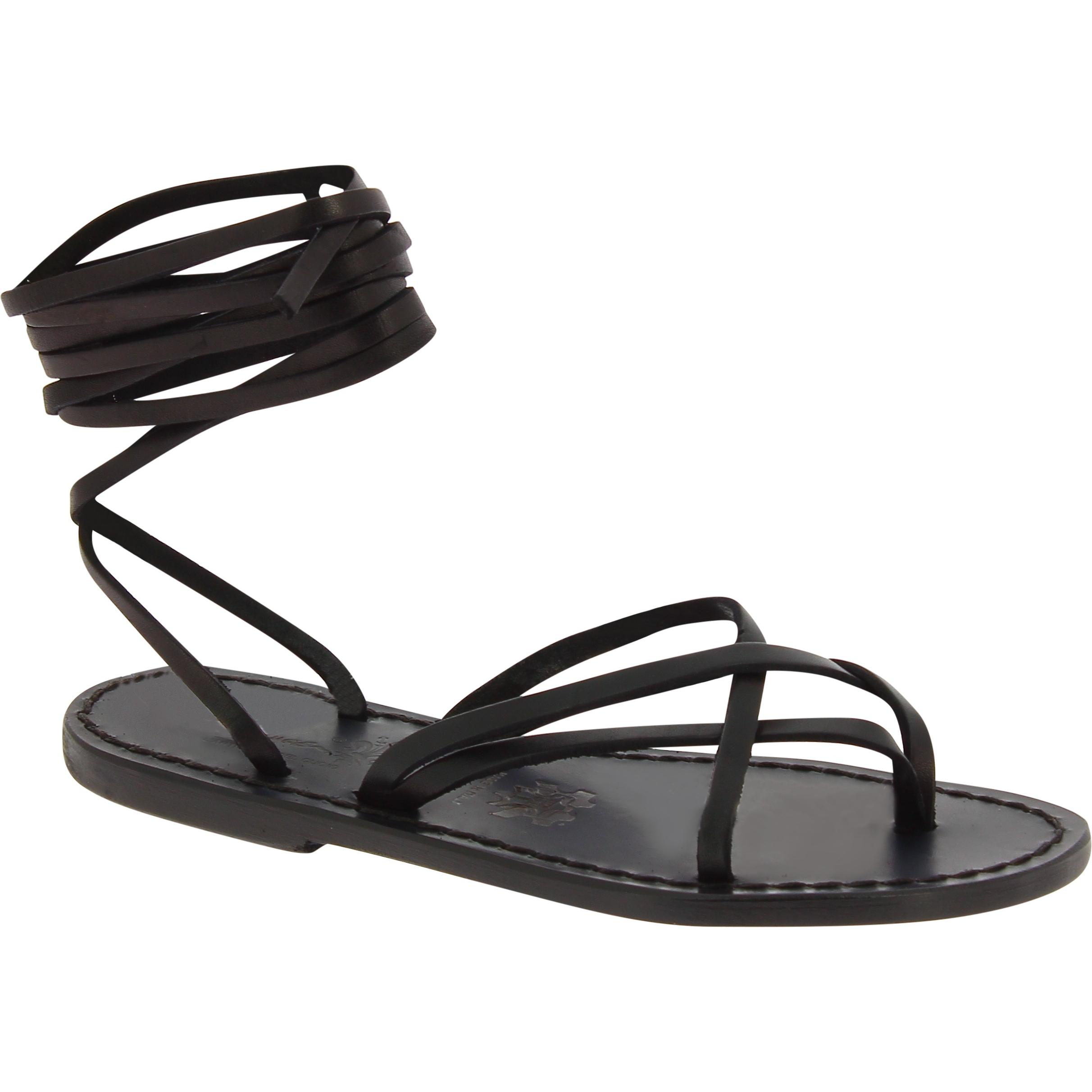 Handmade black leather strappy sandals for women Made in Italy