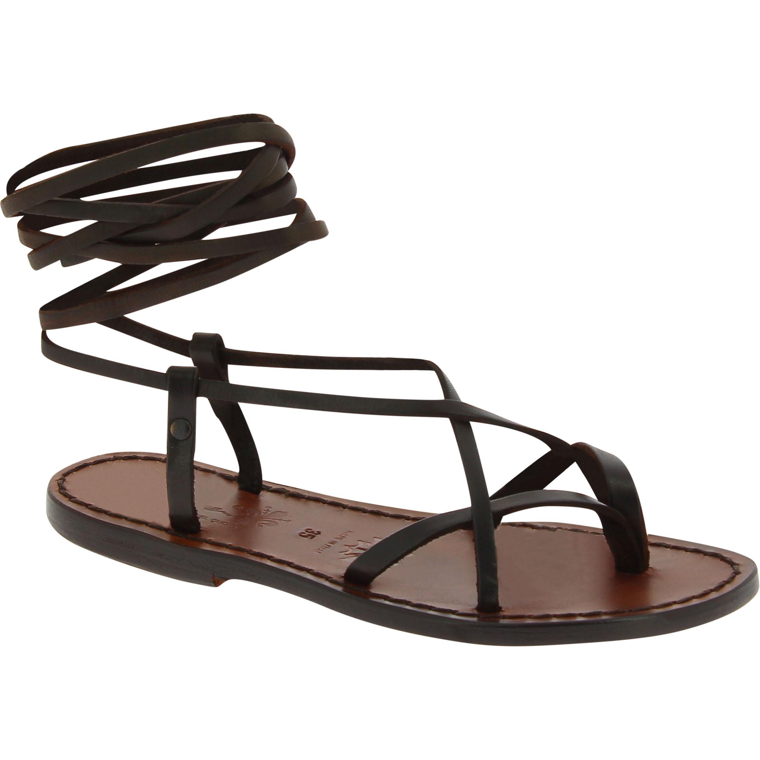 Dark brown leather flat strappy sandals handmade in Italy