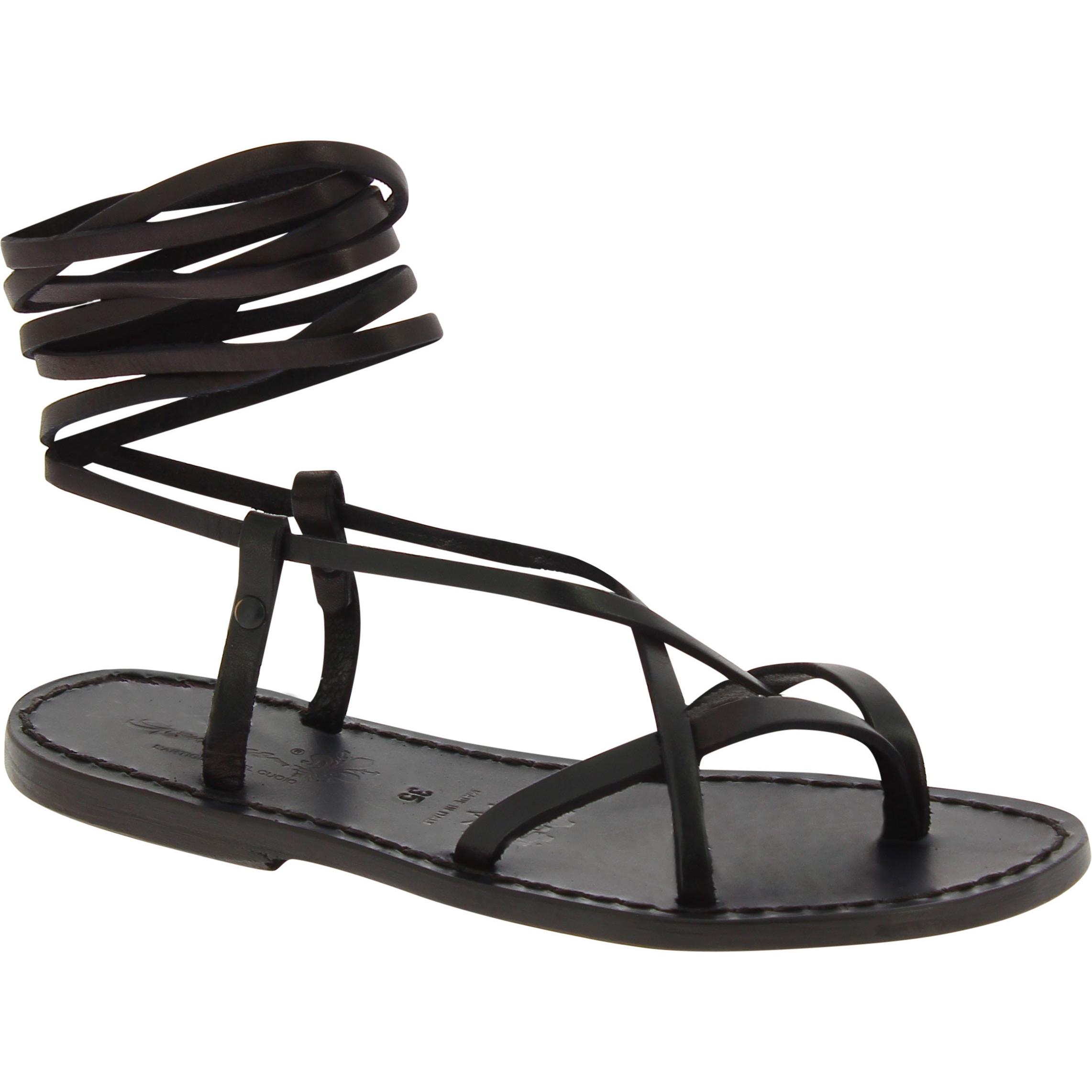 Black strappy flat sandals for women handmade in Italy