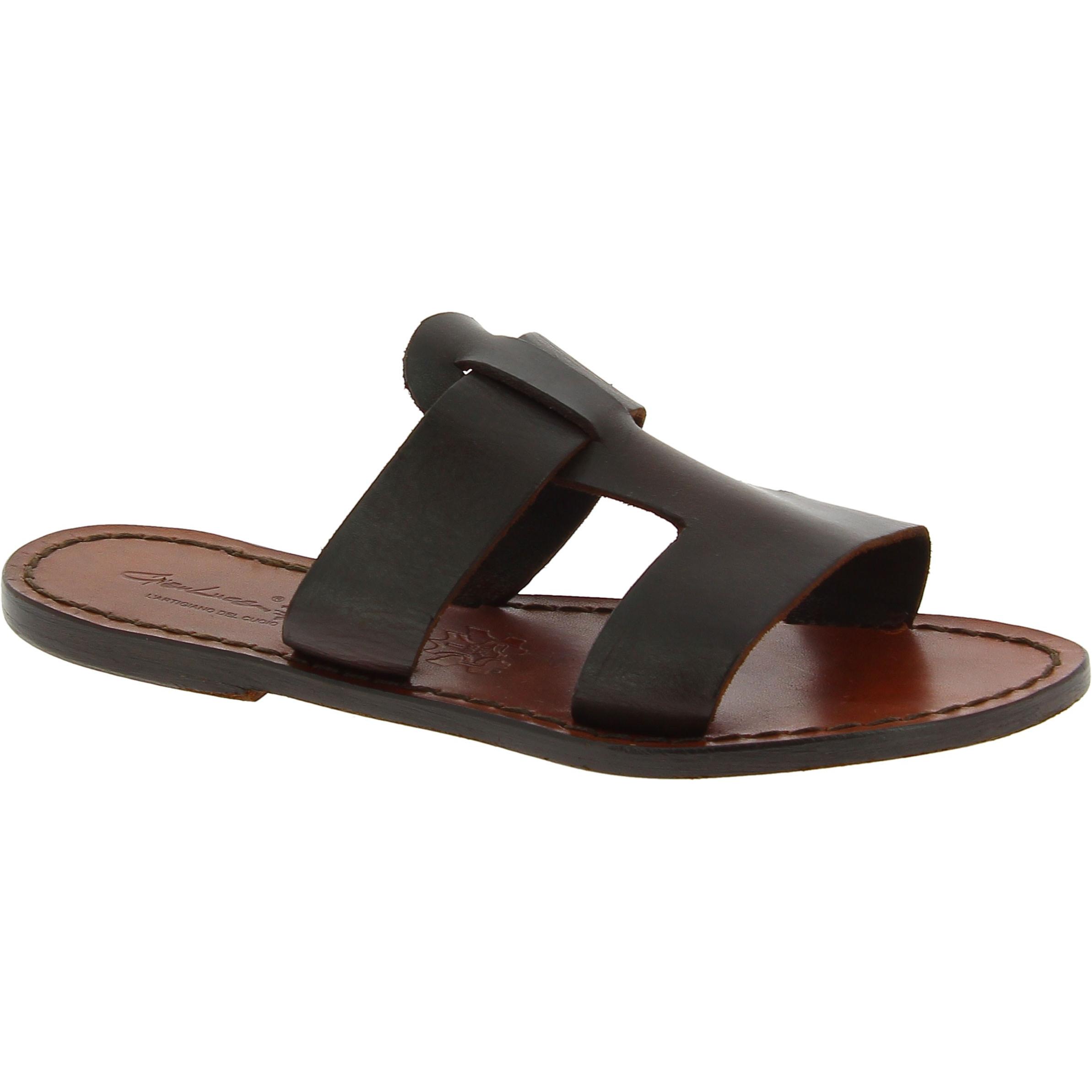 Women's leather slide sandals in dark brown leather handmade