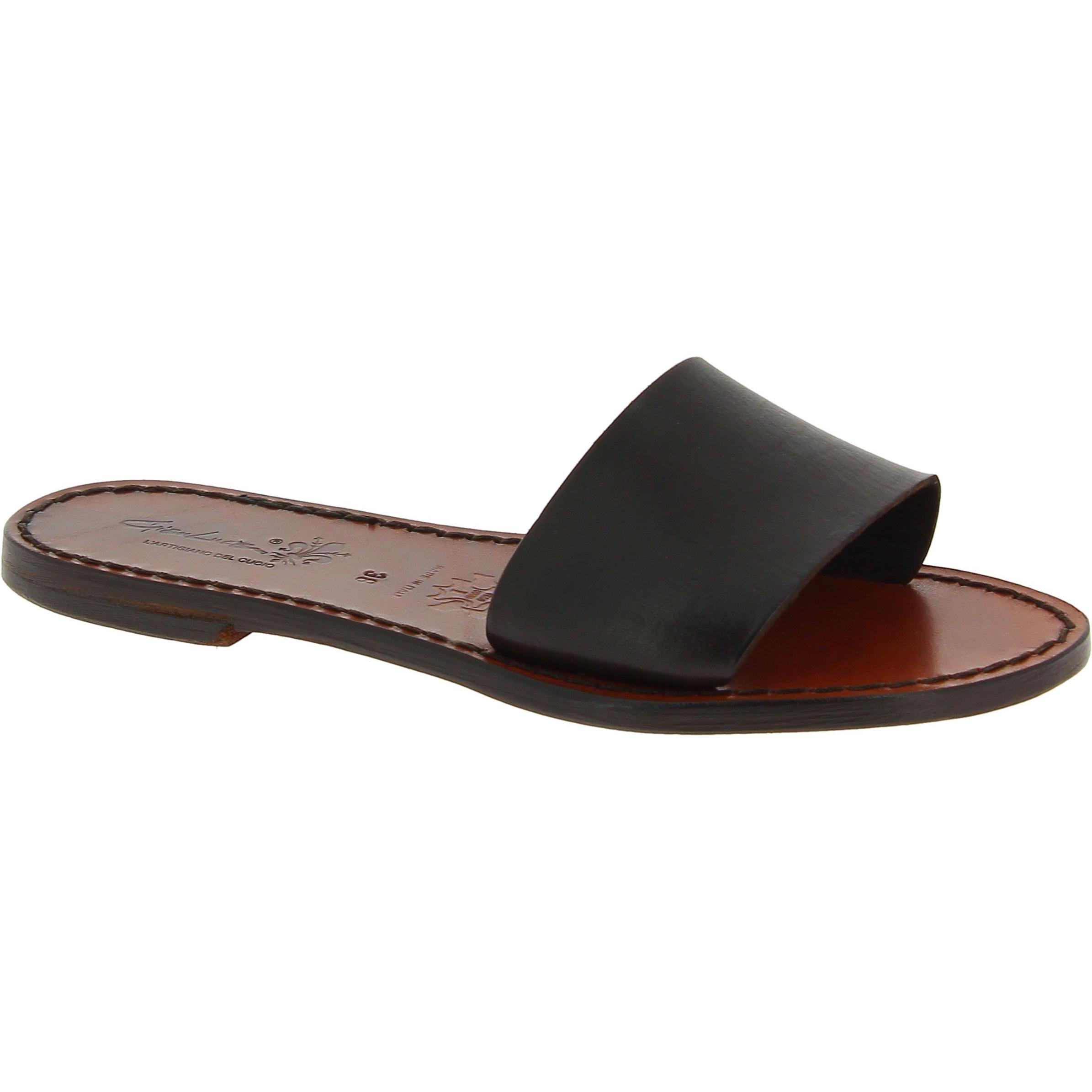 Women's leather slides sandals in dark brown leather handmade