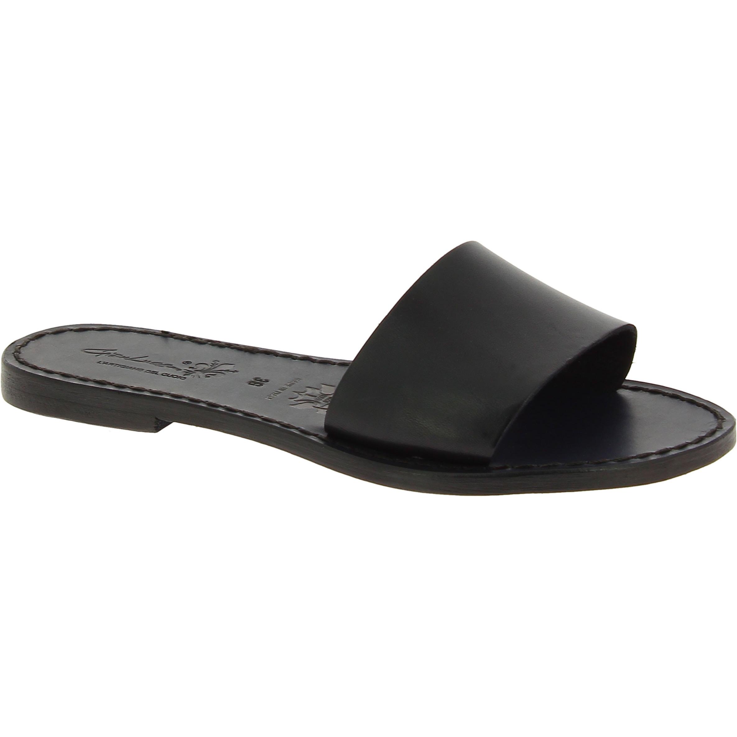 Women's leather slides sandals in black leather handmade