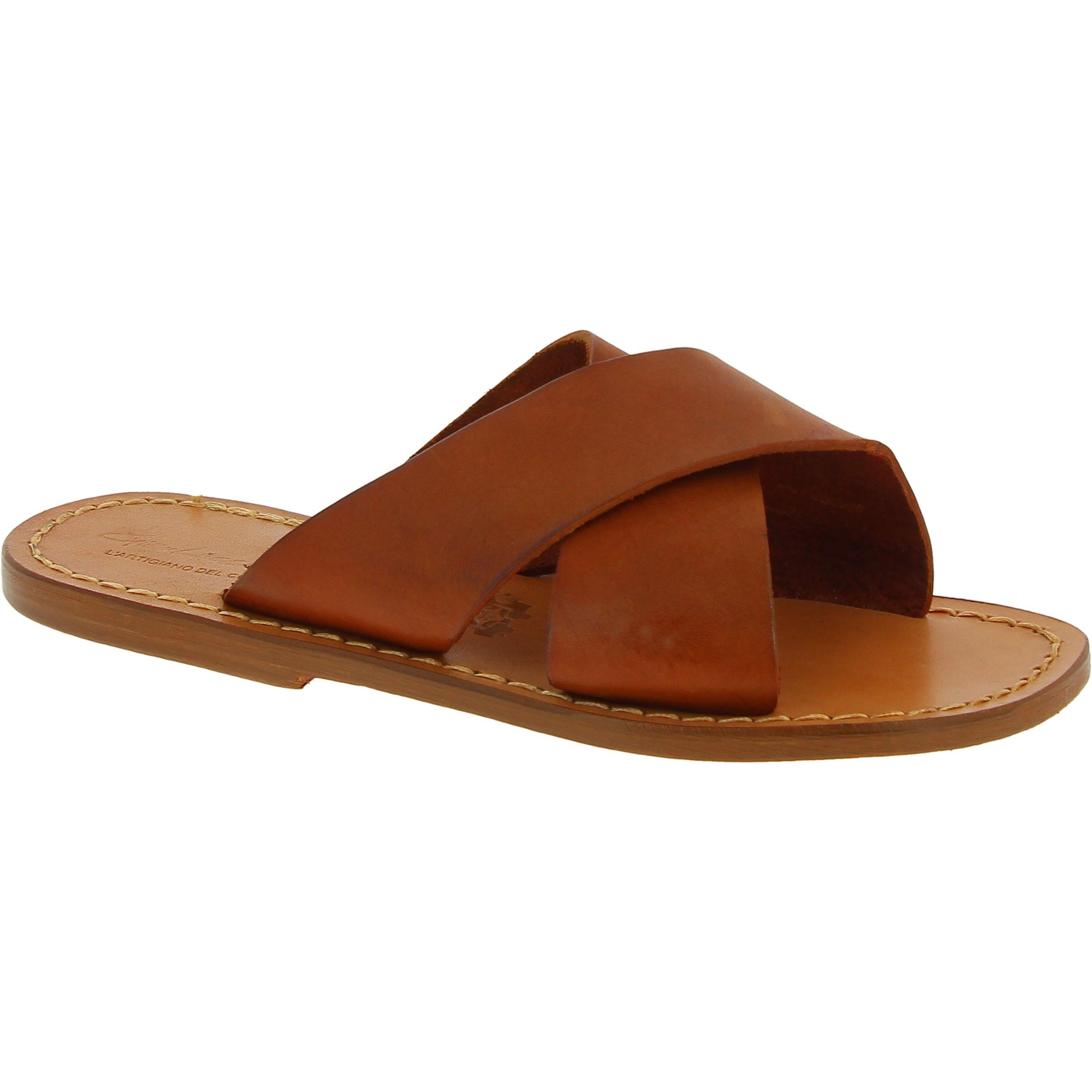 Men's tan leather slippers handmade in Italy