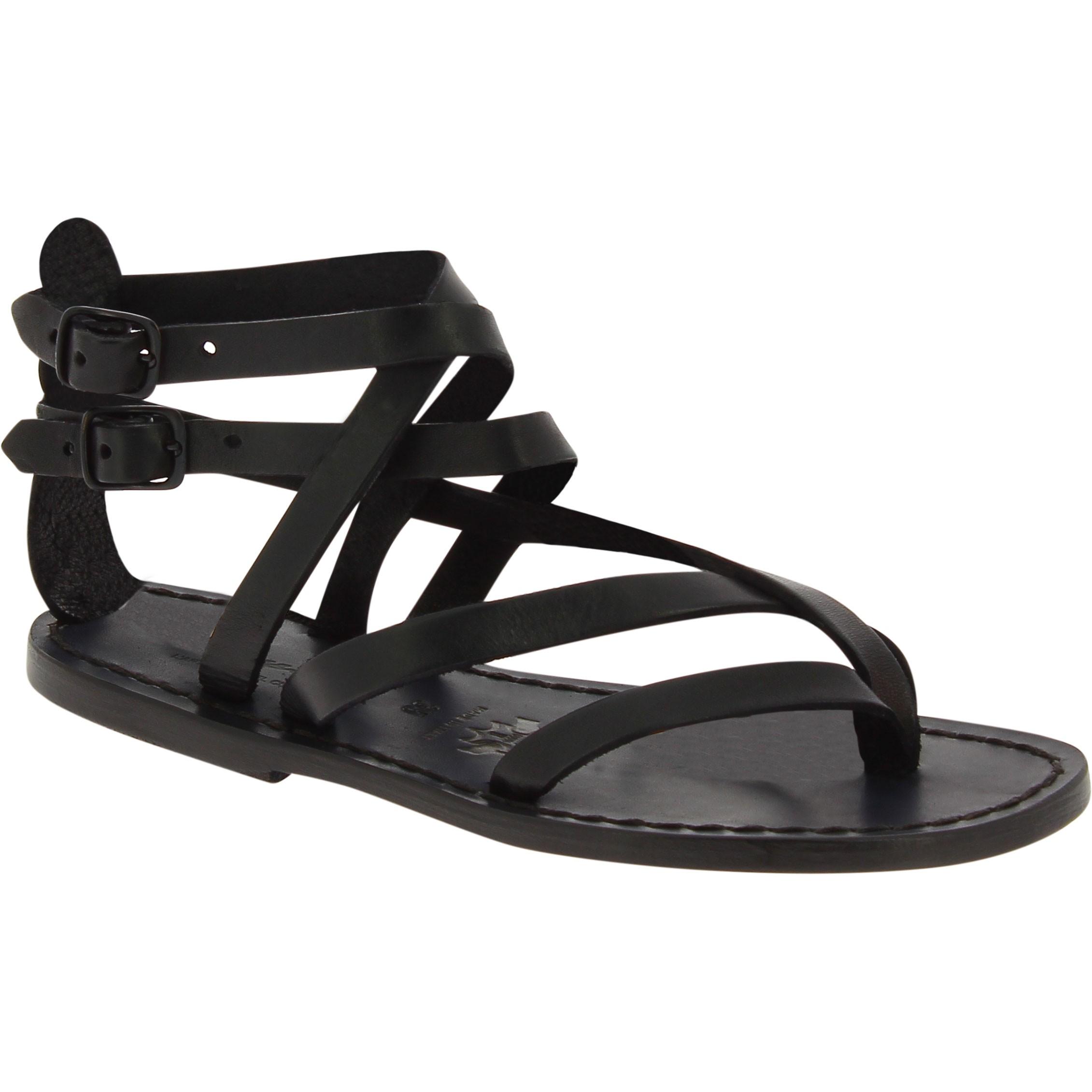 Flache Handgefertigte Damen-Sandalen mit Riemchen aus Schwarzen Leder