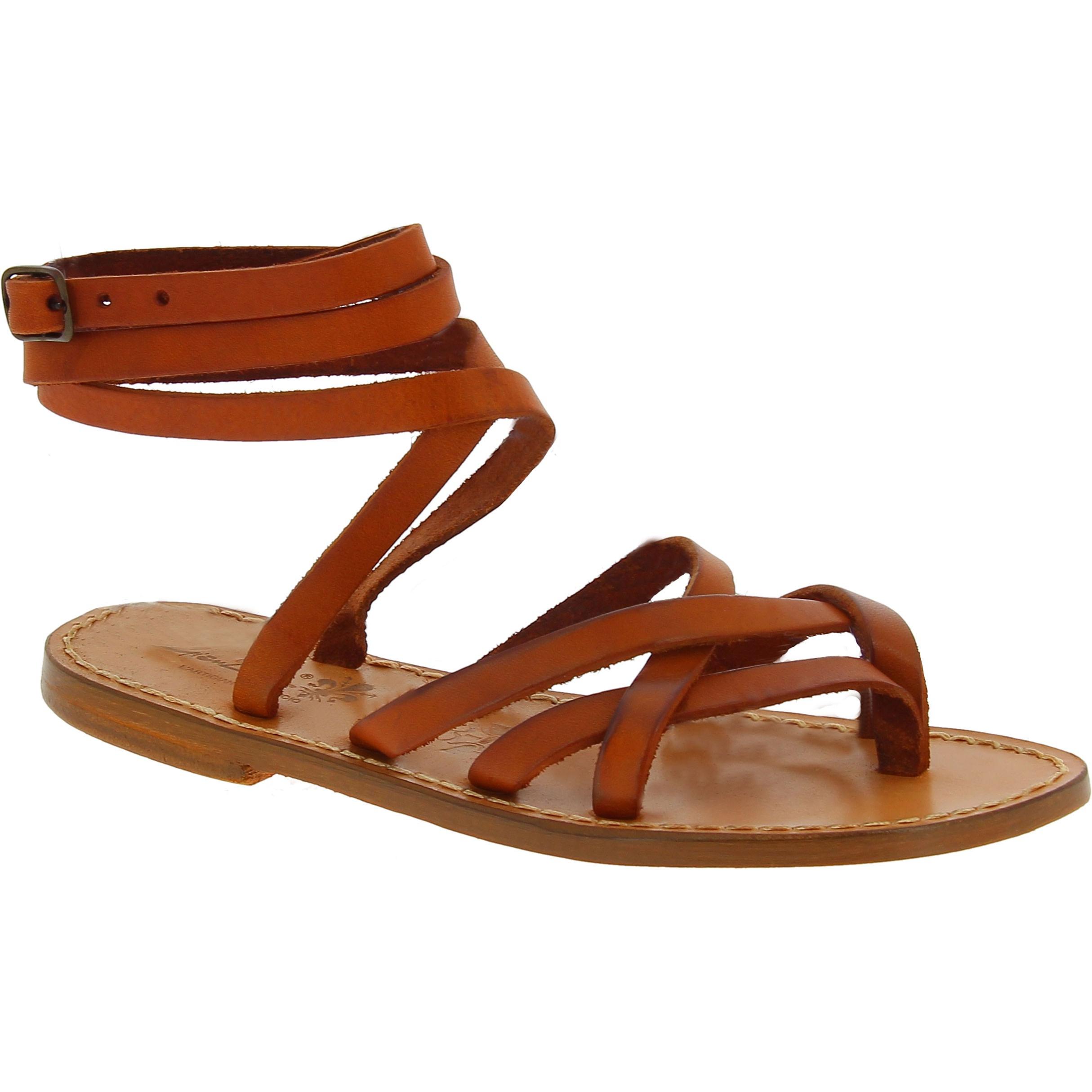 Women's tan leather strappy sandals handmade in Italy