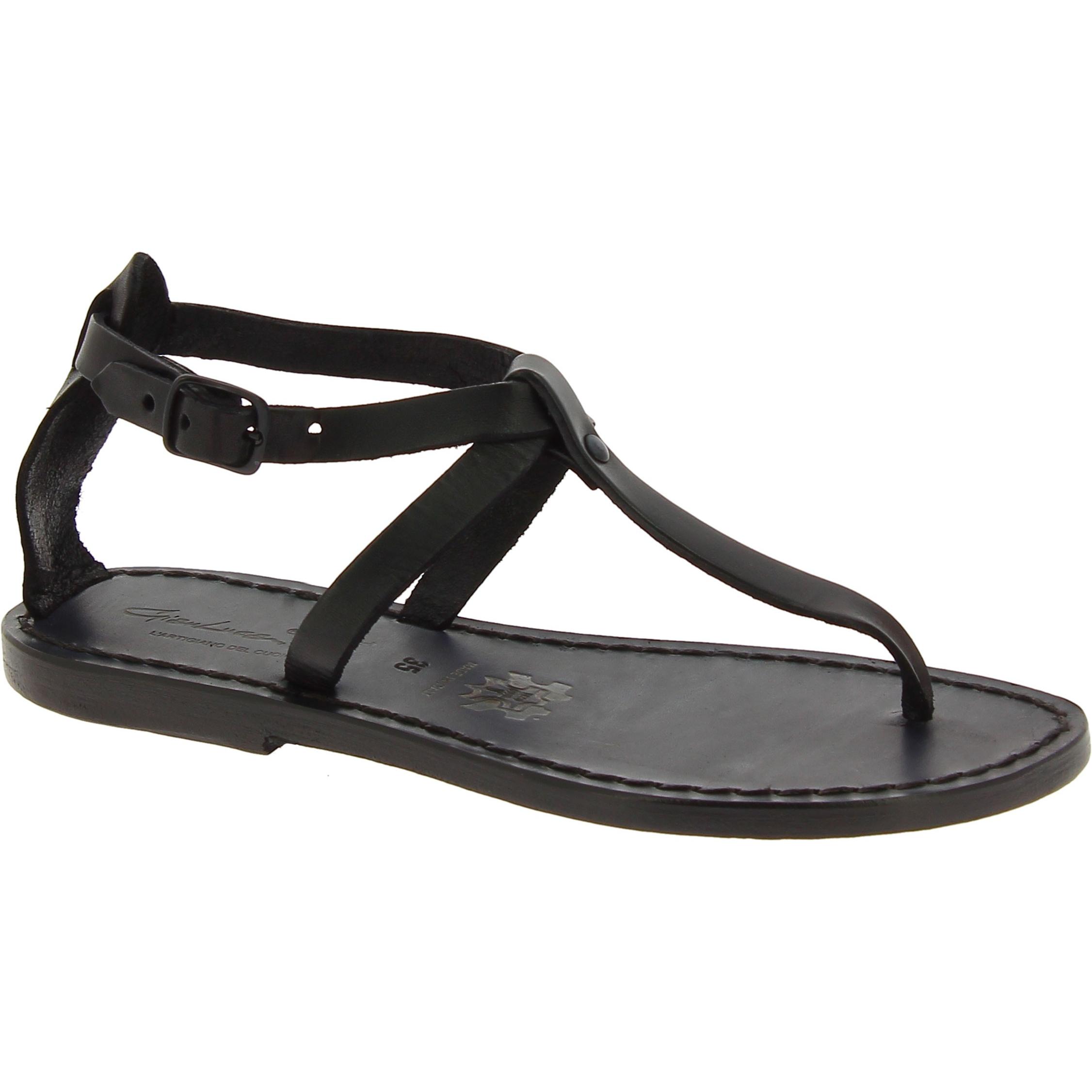 Handmade t-strap black leather flat sandals for women