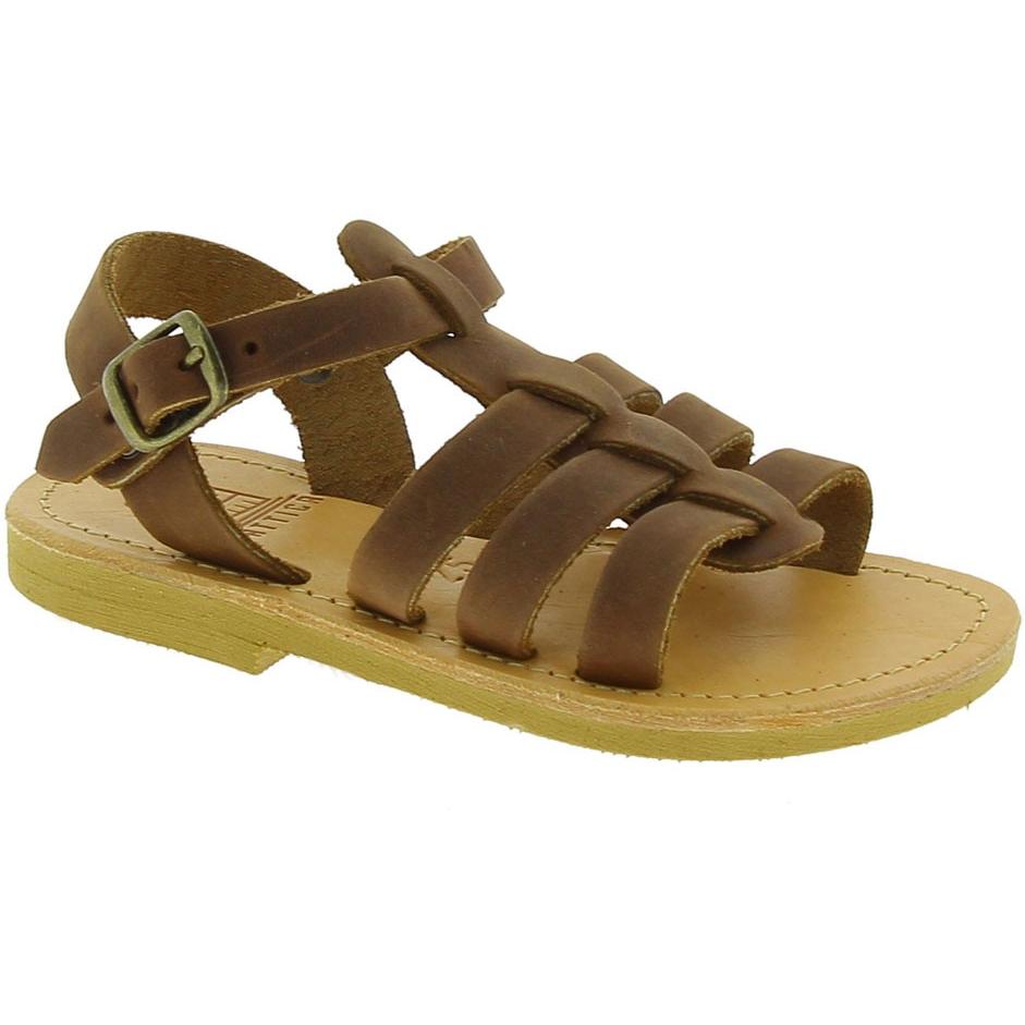 Kinder Gladiator Sandale aus braunem Nubuck Leder mit Schnallen Verschluss