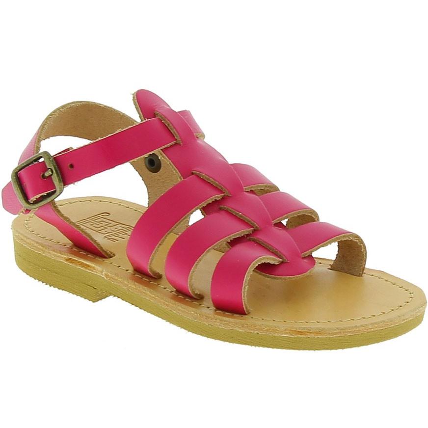 Sandali gladiatore da bambina in pelle di vitello fucsia chiusura con fibbia